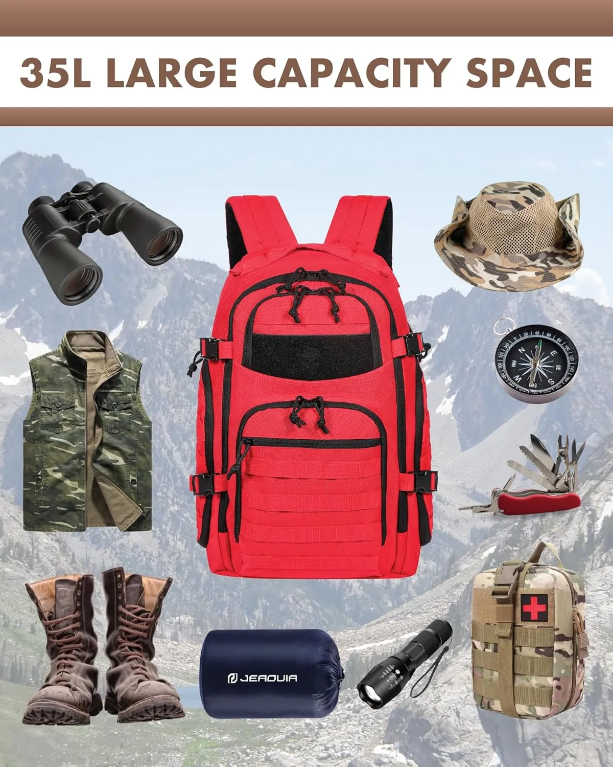 Military Tactical Backpack for Men, 35L Tactical Laptop Backpack, Tactical Bag Bug Out Bag, Army 3 Days Assault Pack - Red