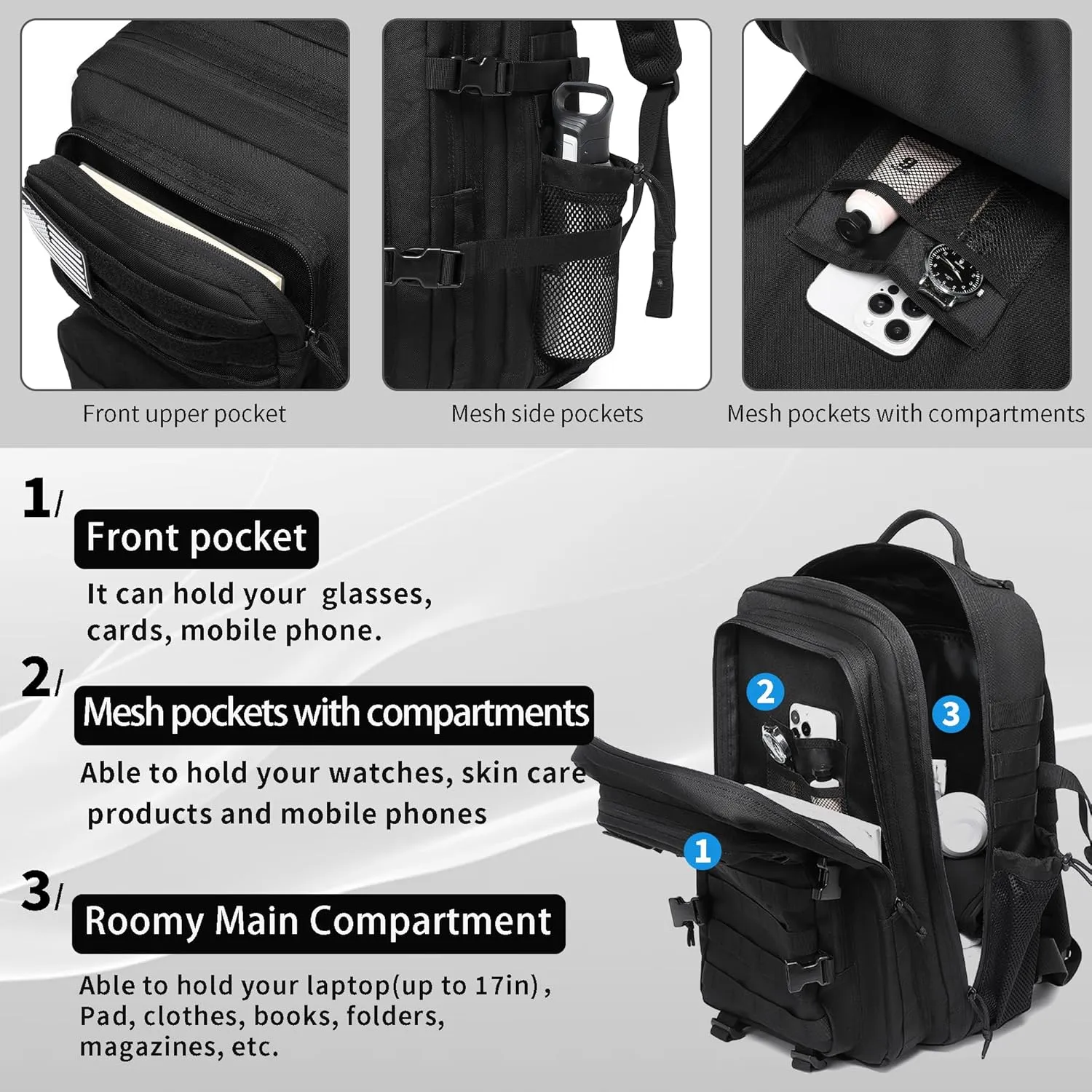 Military Tactical Backpack for Men Waterproof Daypack 3 Day Assault Pack Molle Bag with Water Bottle Holder