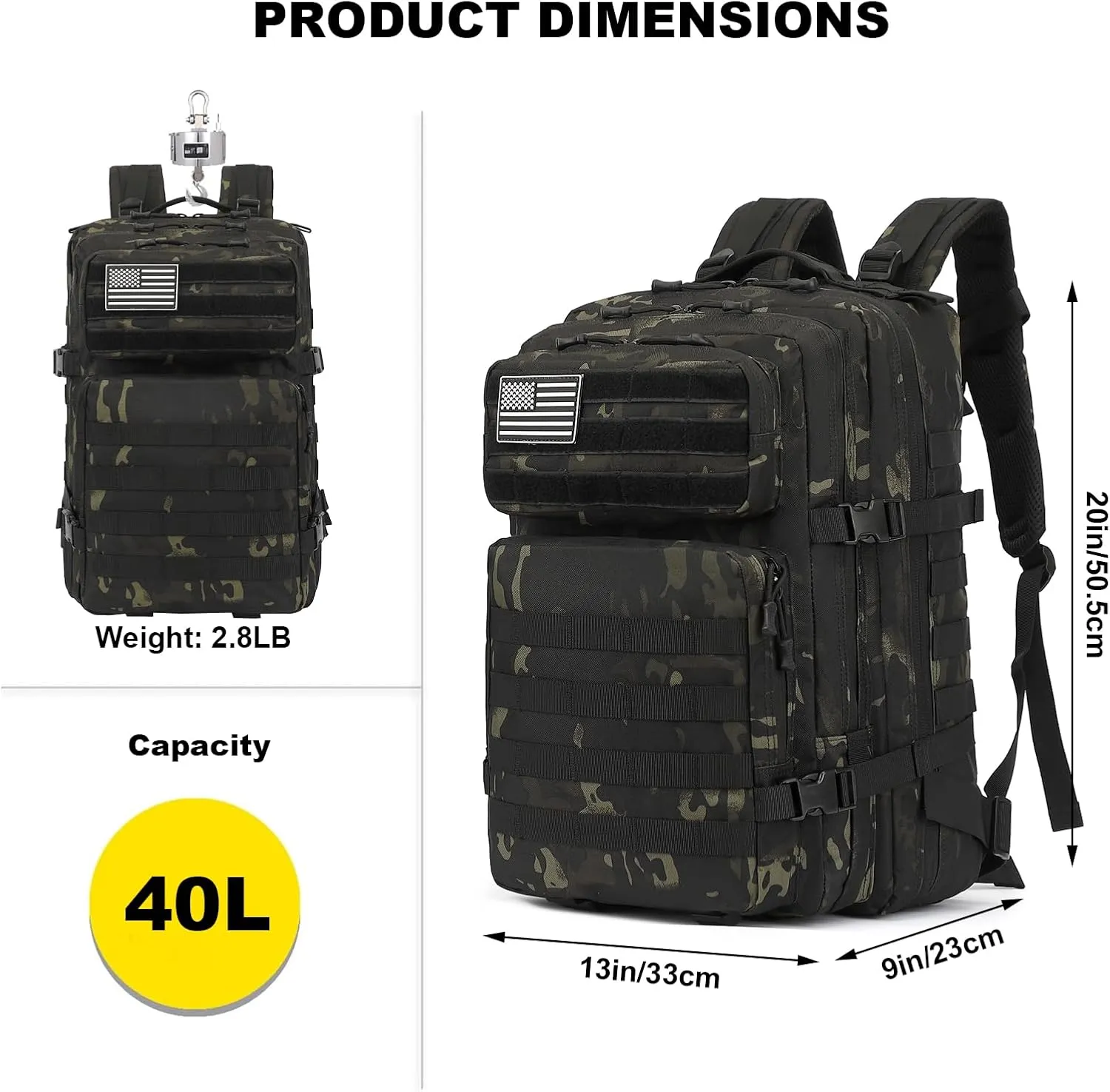 Military Tactical Backpack for Men Women, 3 Day Assault Pack Army Molle Bag Hiking Backpacks (CP Black)