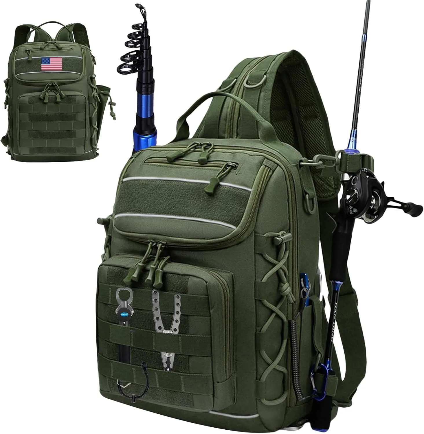 Military Tactical Backpack with Rod Holder for Fishing Hiking Trekking, Outdoor Assault Pack Travel Fishing Rucksack (Army Green)
