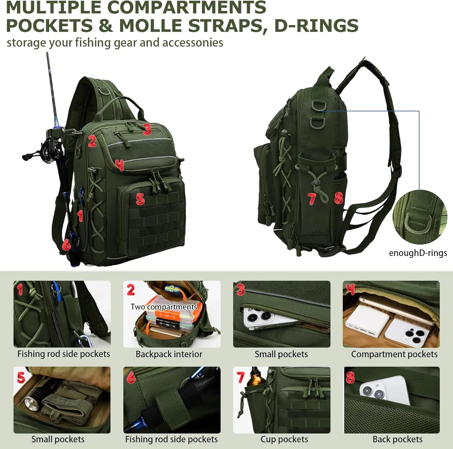 Military Tactical Backpack with Rod Holder for Fishing Hiking Trekking, Outdoor Assault Pack Travel Fishing Rucksack (Army Green)