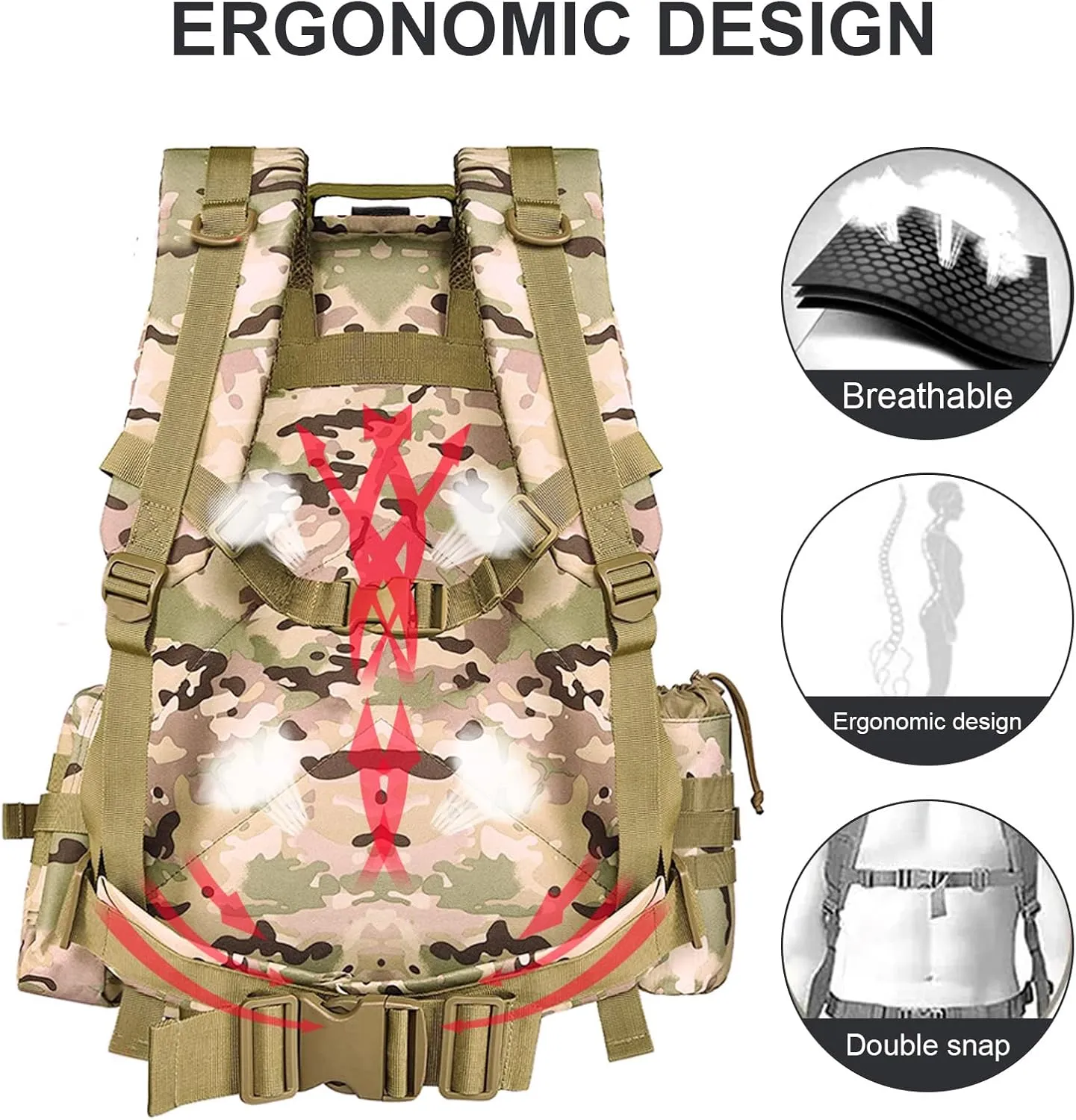MINGPINHUIUS Military Tactical Backpack, 55L Large Capacity Army 3 Day Assault Pack Multifunctional Detachable Molle Bag Travel Backpack for Outdoor Hiking Camping Hunting (Camouflage CP)