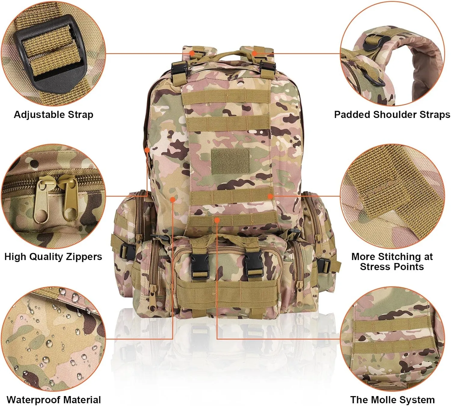 MINGPINHUIUS Military Tactical Backpack, 55L Large Capacity Army 3 Day Assault Pack Multifunctional Detachable Molle Bag Travel Backpack for Outdoor Hiking Camping Hunting (Camouflage CP)