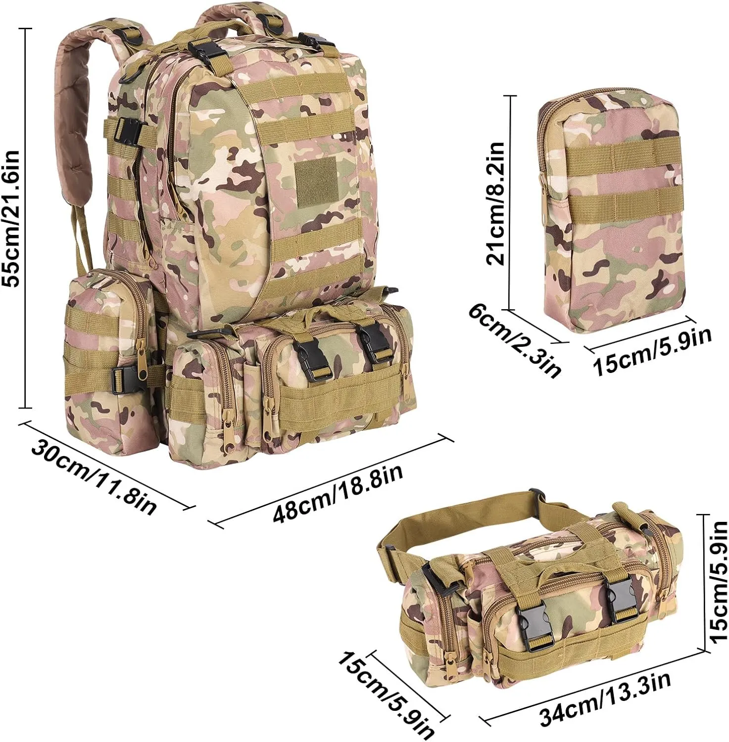 MINGPINHUIUS Military Tactical Backpack, 55L Large Capacity Army 3 Day Assault Pack Multifunctional Detachable Molle Bag Travel Backpack for Outdoor Hiking Camping Hunting (Camouflage CP)
