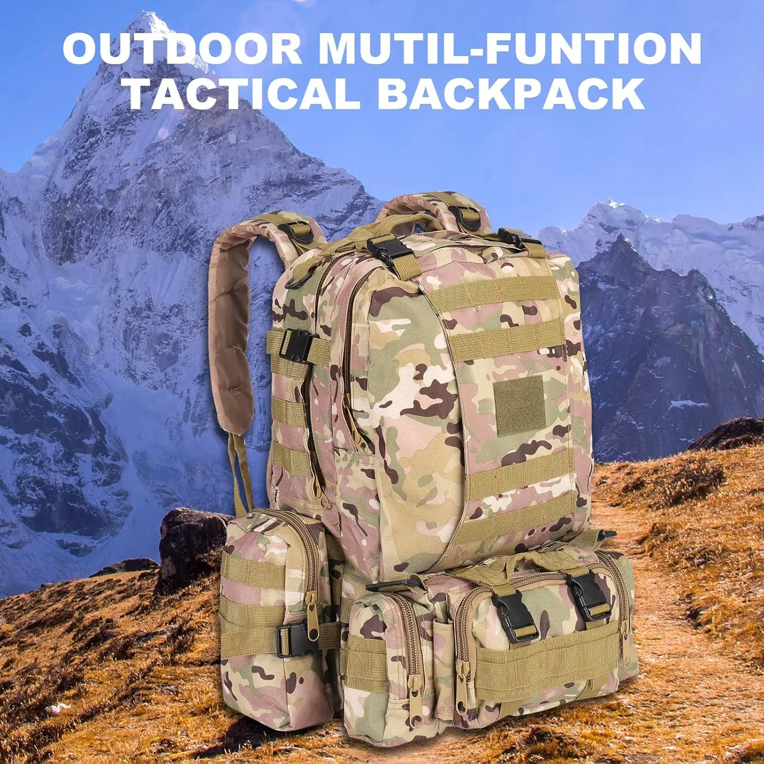 MINGPINHUIUS Military Tactical Backpack, 55L Large Capacity Army 3 Day Assault Pack Multifunctional Detachable Molle Bag Travel Backpack for Outdoor Hiking Camping Hunting (Camouflage CP)