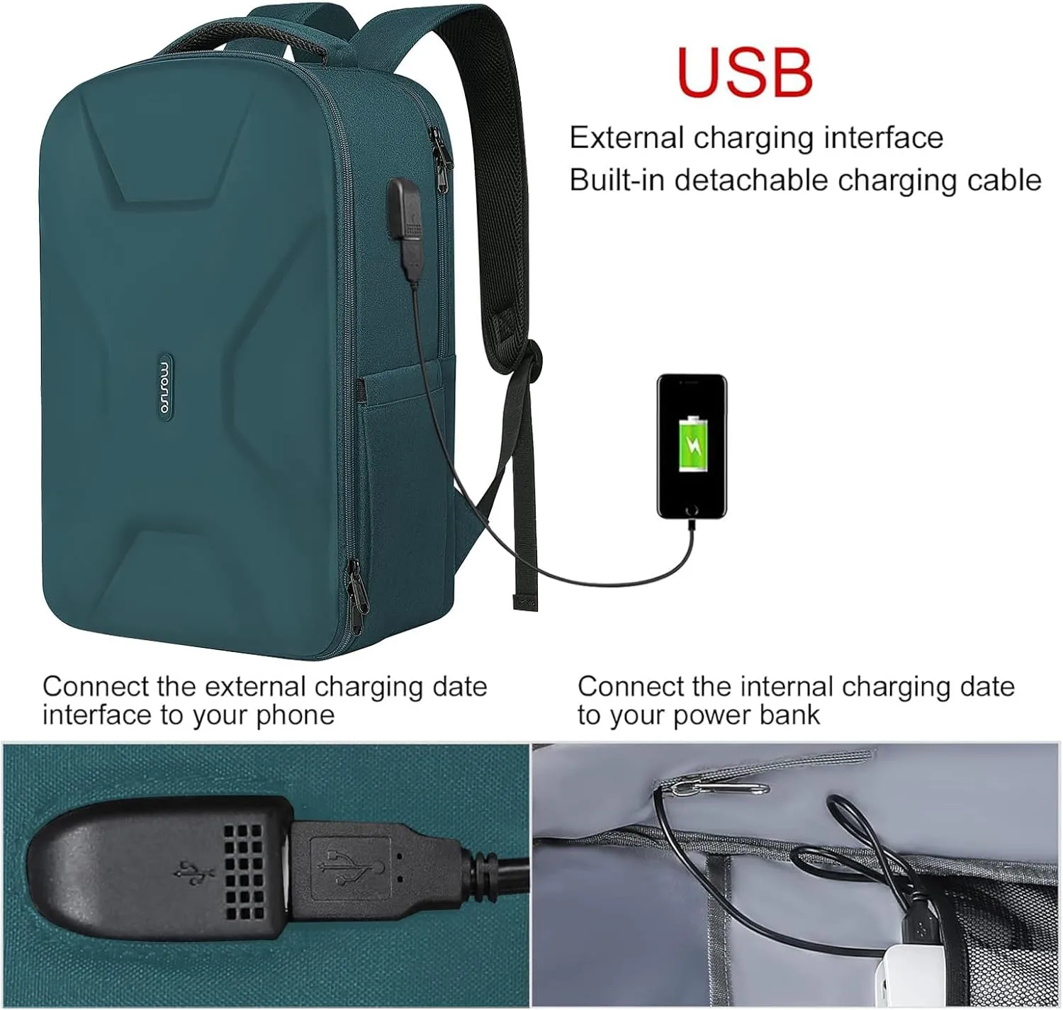 MOSISO 15.6-16 inch 35L Laptop Backpack with USB Charging Port for Women Men, Waterproof Hardshell Travel Business Computer Bag, Anti-Theft Daypack with Luggage Strap, Teal Green