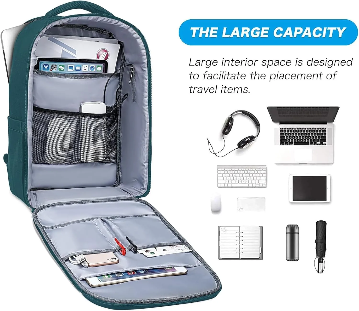 MOSISO 15.6-16 inch 35L Laptop Backpack with USB Charging Port for Women Men, Waterproof Hardshell Travel Business Computer Bag, Anti-Theft Daypack with Luggage Strap, Teal Green