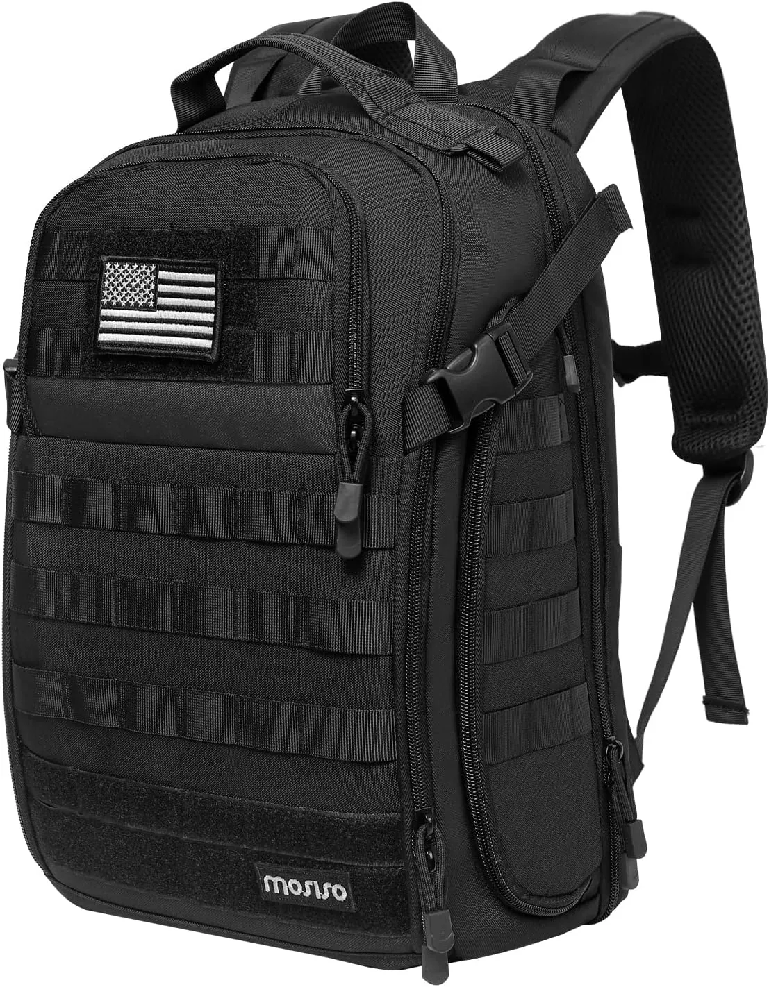 MOSISO Tactical Backpack, 2-Layer Military Daypack 3 Day Assault Pack Rucksack Outdoor Hiking Hunting Camping Training Travel Shoulder Bag with Trolley Belt & USA Flag Patch, Black
