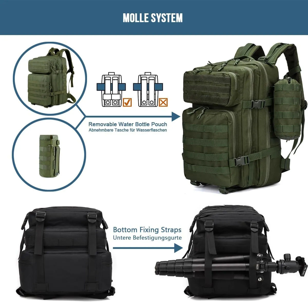MUCHER 45L Military Tactical Backpack For Men with Bottle Holder and 4 Carabiners Molle Backpack EDC Large 3Day Army Rucksack (Green)