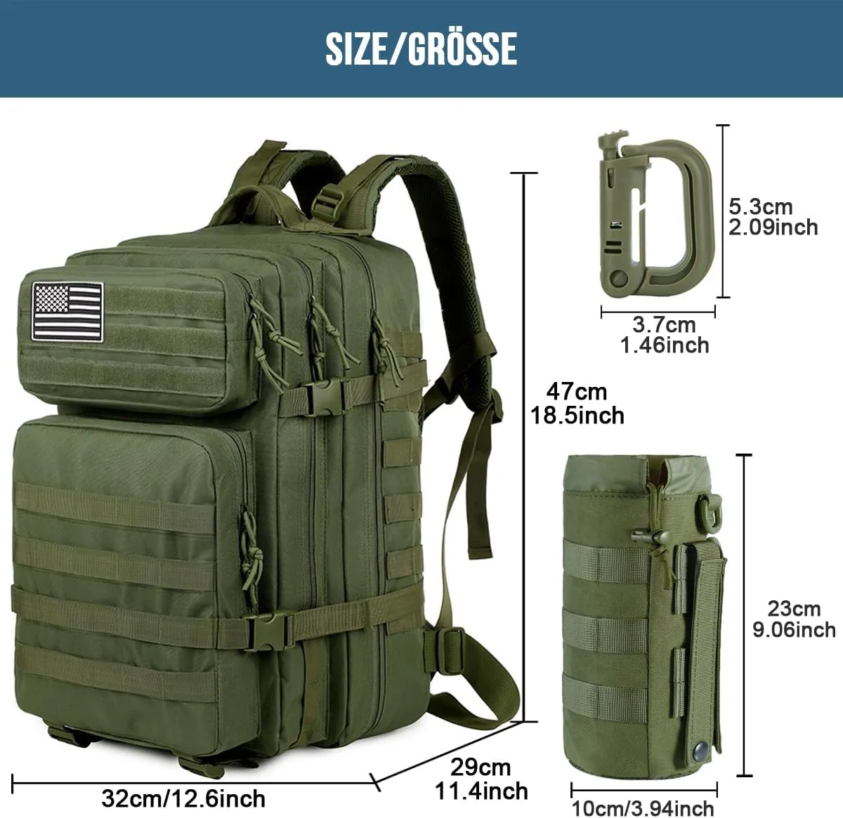 MUCHER 45L Military Tactical Backpack For Men with Bottle Holder and 4 Carabiners Molle Backpack EDC Large 3Day Army Rucksack (Green)