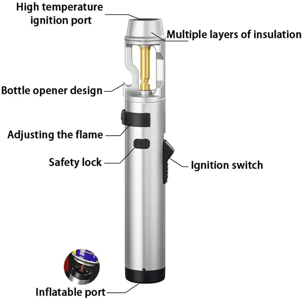 Multifunctional Butane Torch Lighter, Windproof Jet Flame with Bottle Opener Design, Refillable, for Outdoor, Kitchen(Silver)