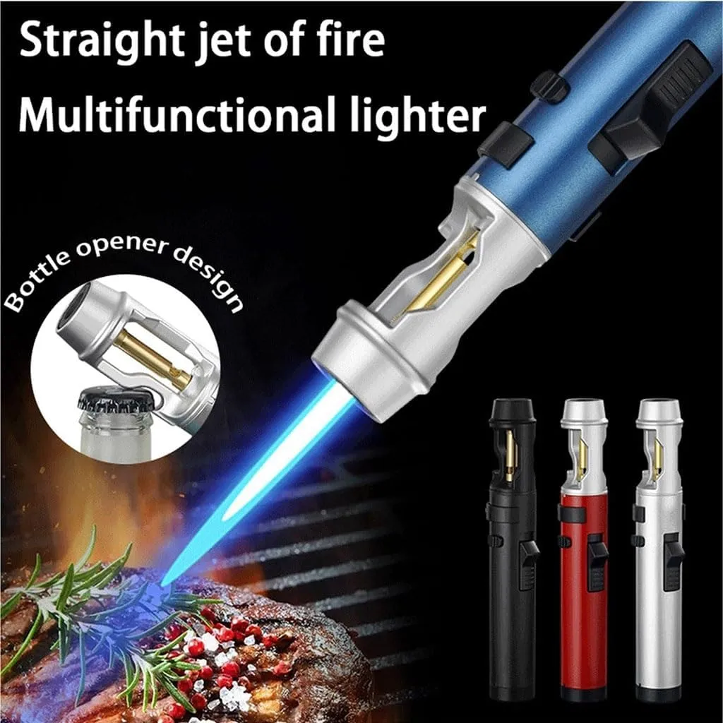 Multifunctional Butane Torch Lighter, Windproof Jet Flame with Bottle Opener Design, Refillable, for Outdoor, Kitchen(Silver)