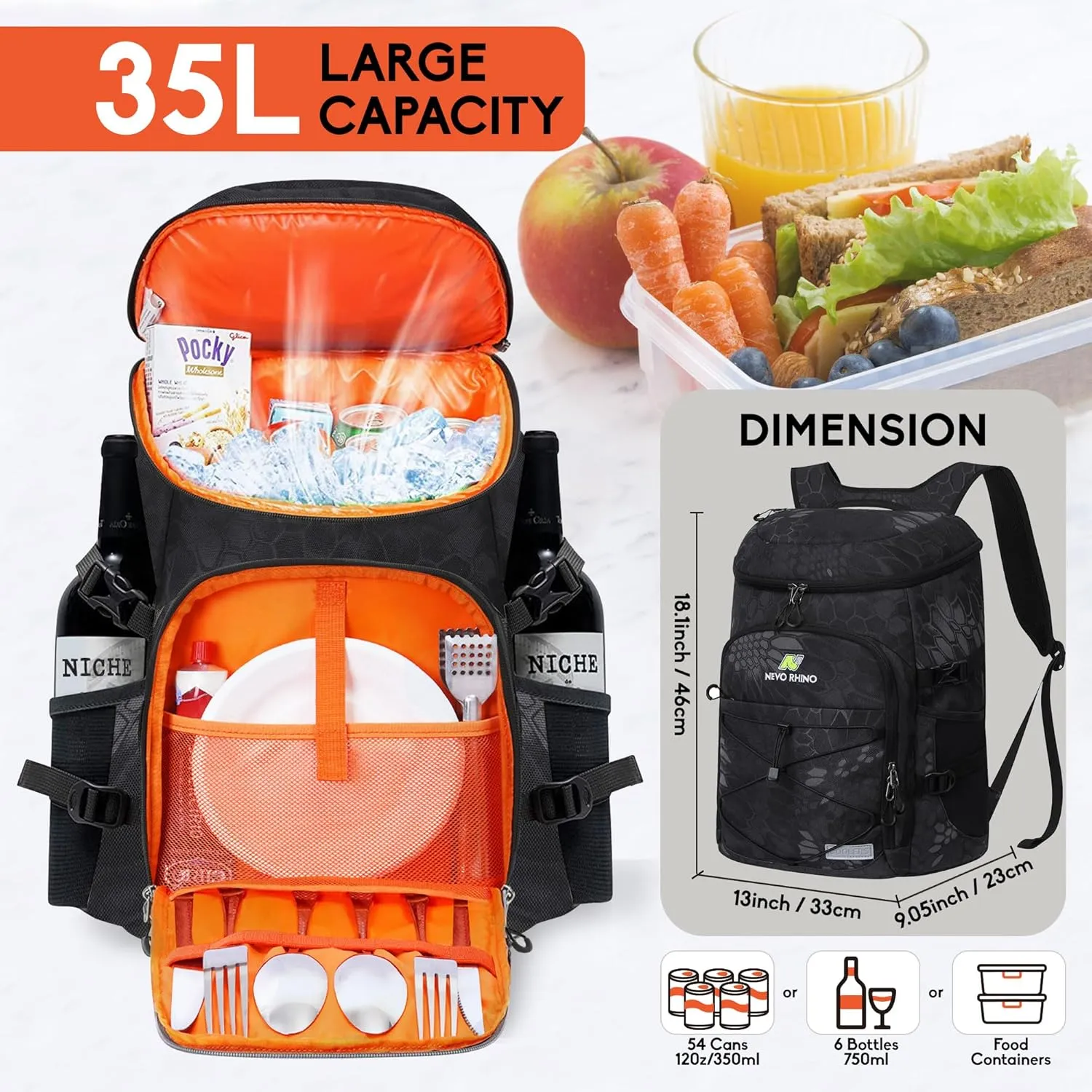 N NEVO RHINO Insulated Backpack Cooler - 36/54 Can Capacity, Waterproof Leak-Proof Lightweight Multi-Functional & Spacious， Ideal for Camping, Travel, Beach, Picnics， Lunch & Day Trips