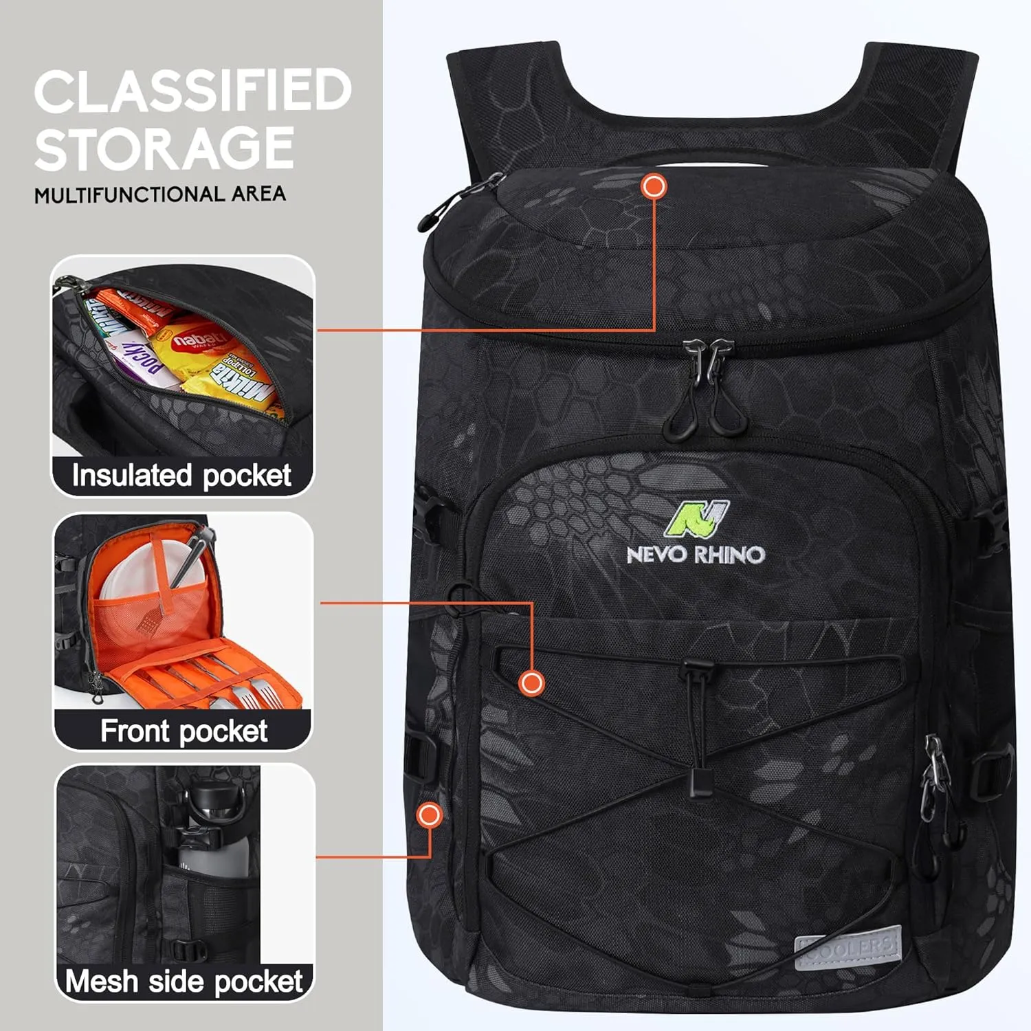 N NEVO RHINO Insulated Backpack Cooler - 36/54 Can Capacity, Waterproof Leak-Proof Lightweight Multi-Functional & Spacious， Ideal for Camping, Travel, Beach, Picnics， Lunch & Day Trips