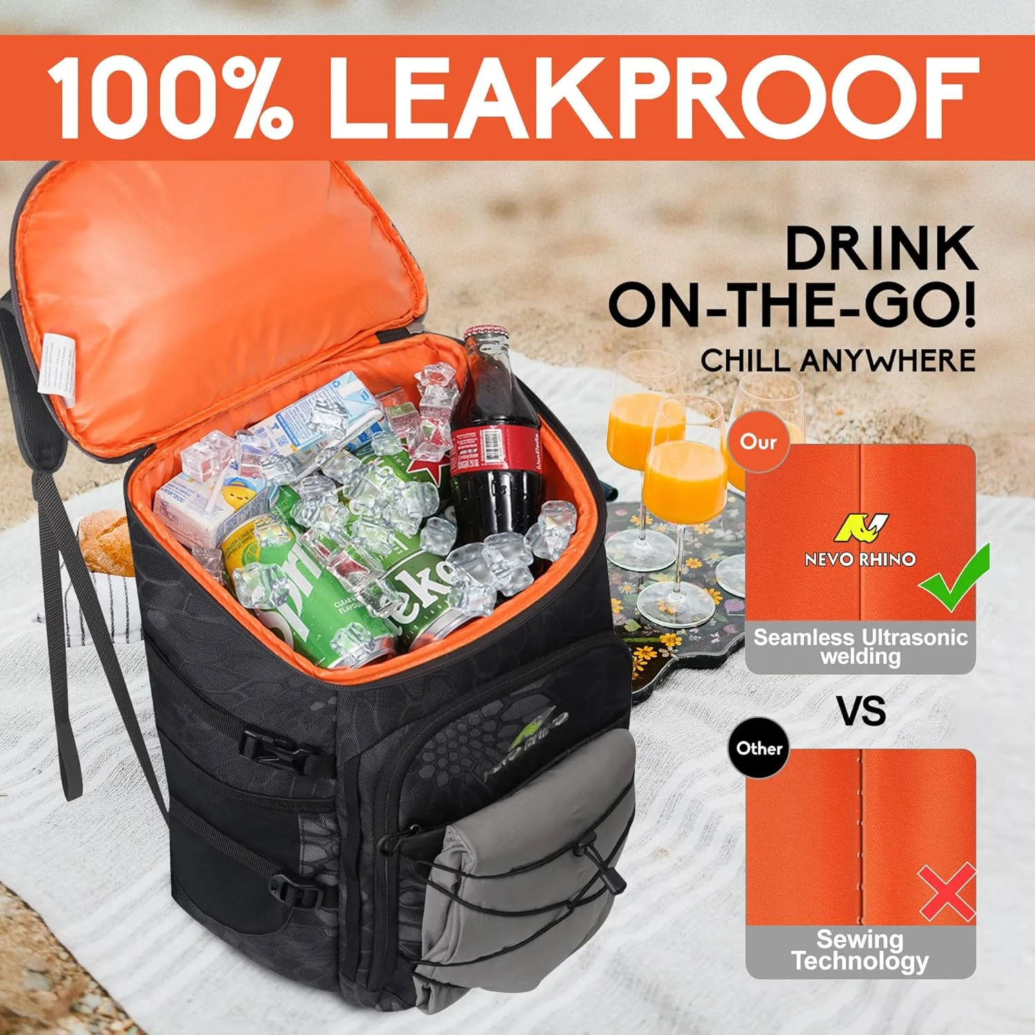 N NEVO RHINO Insulated Backpack Cooler - 36/54 Can Capacity, Waterproof Leak-Proof Lightweight Multi-Functional & Spacious， Ideal for Camping, Travel, Beach, Picnics， Lunch & Day Trips