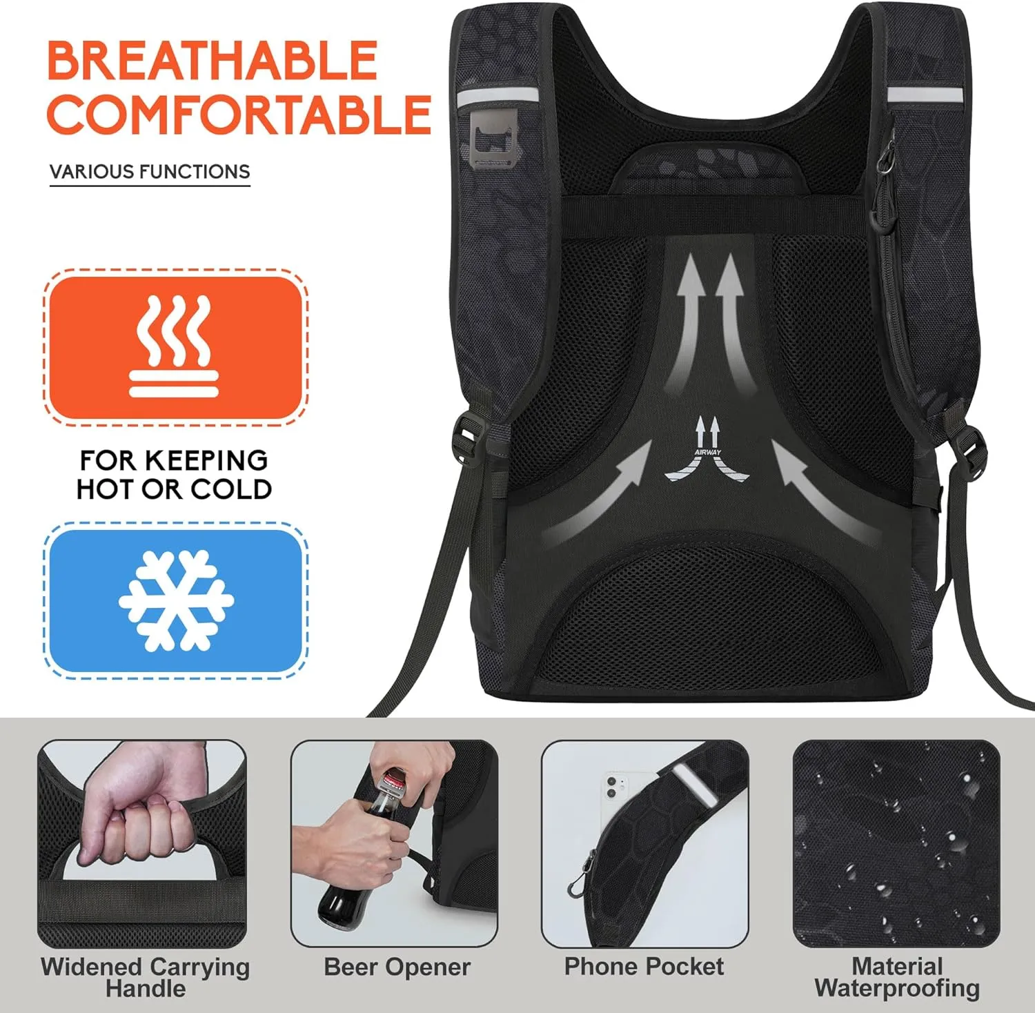 N NEVO RHINO Insulated Backpack Cooler - 36/54 Can Capacity, Waterproof Leak-Proof Lightweight Multi-Functional & Spacious， Ideal for Camping, Travel, Beach, Picnics， Lunch & Day Trips