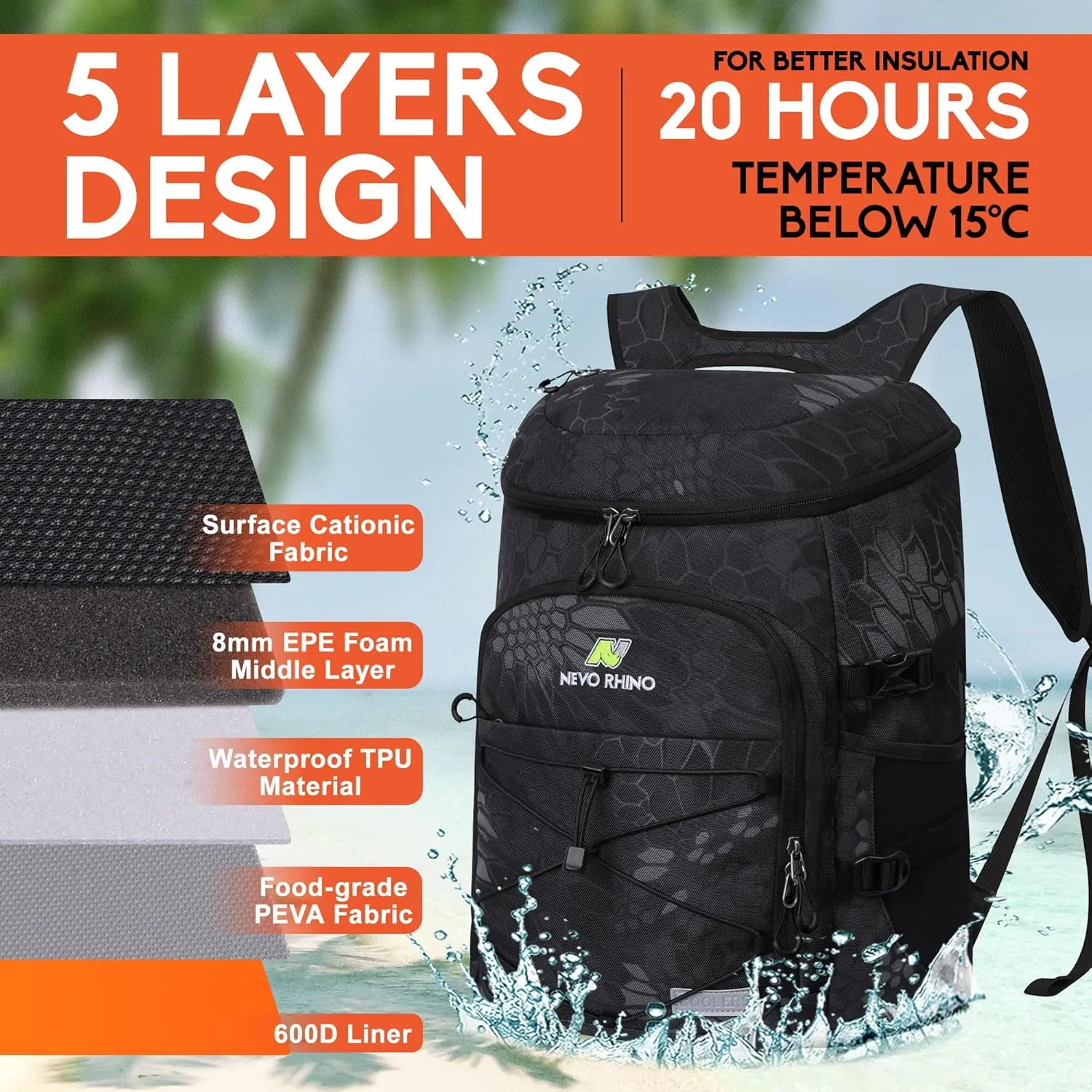N NEVO RHINO Insulated Backpack Cooler - 36/54 Can Capacity, Waterproof Leak-Proof Lightweight Multi-Functional & Spacious， Ideal for Camping, Travel, Beach, Picnics， Lunch & Day Trips