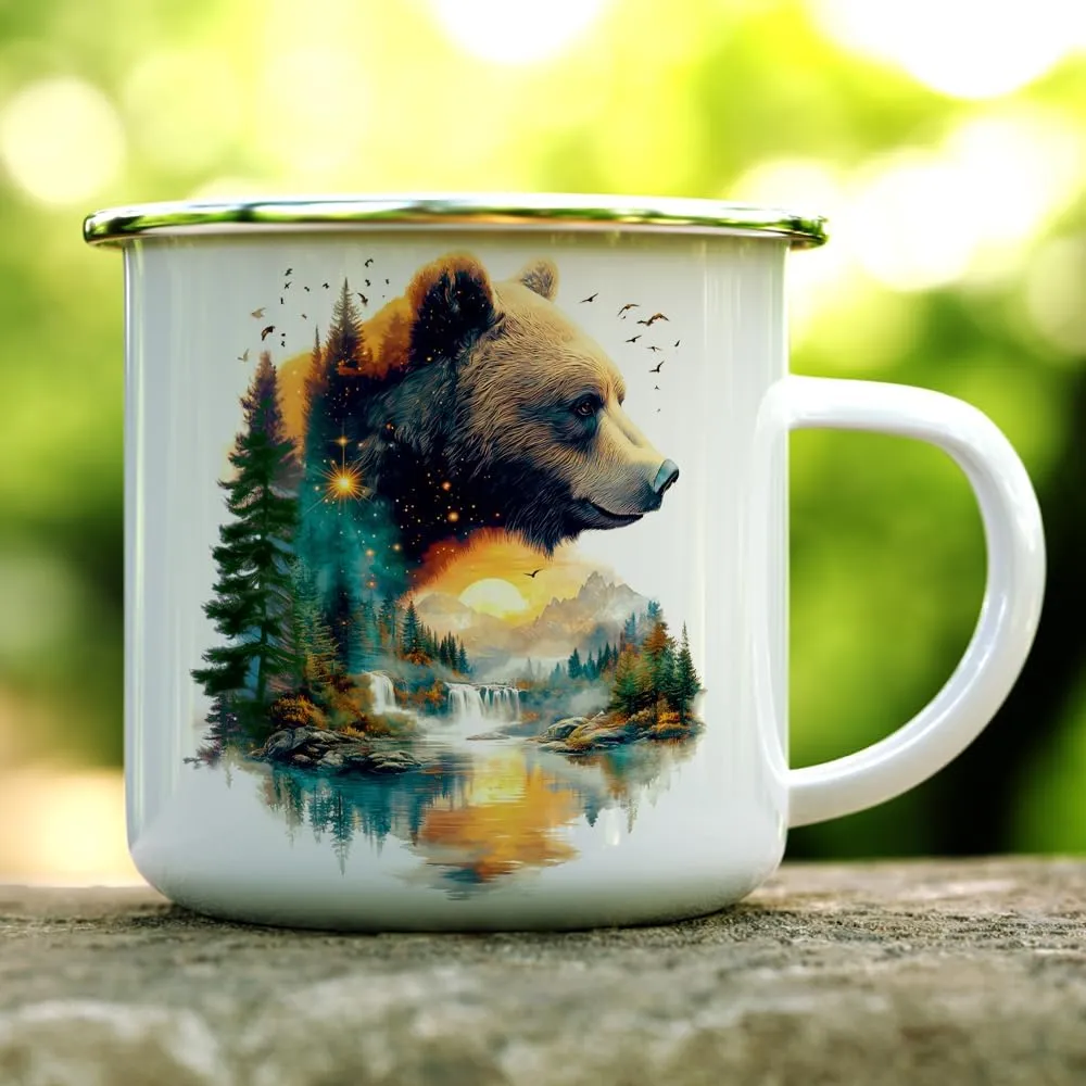 Nature Bear Enamel Camp Mug, Wild Life Animal Forest Trees Campfire Camping Cup, Mountain Outdoor Lover Gifts (12oz)