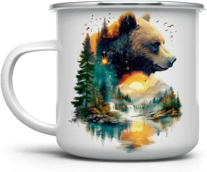 Nature Bear Enamel Camp Mug, Wild Life Animal Forest Trees Campfire Camping Cup, Mountain Outdoor Lover Gifts (12oz)