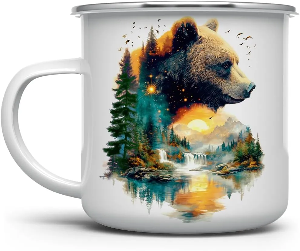 Nature Bear Enamel Camp Mug, Wild Life Animal Forest Trees Campfire Camping Cup, Mountain Outdoor Lover Gifts (12oz)