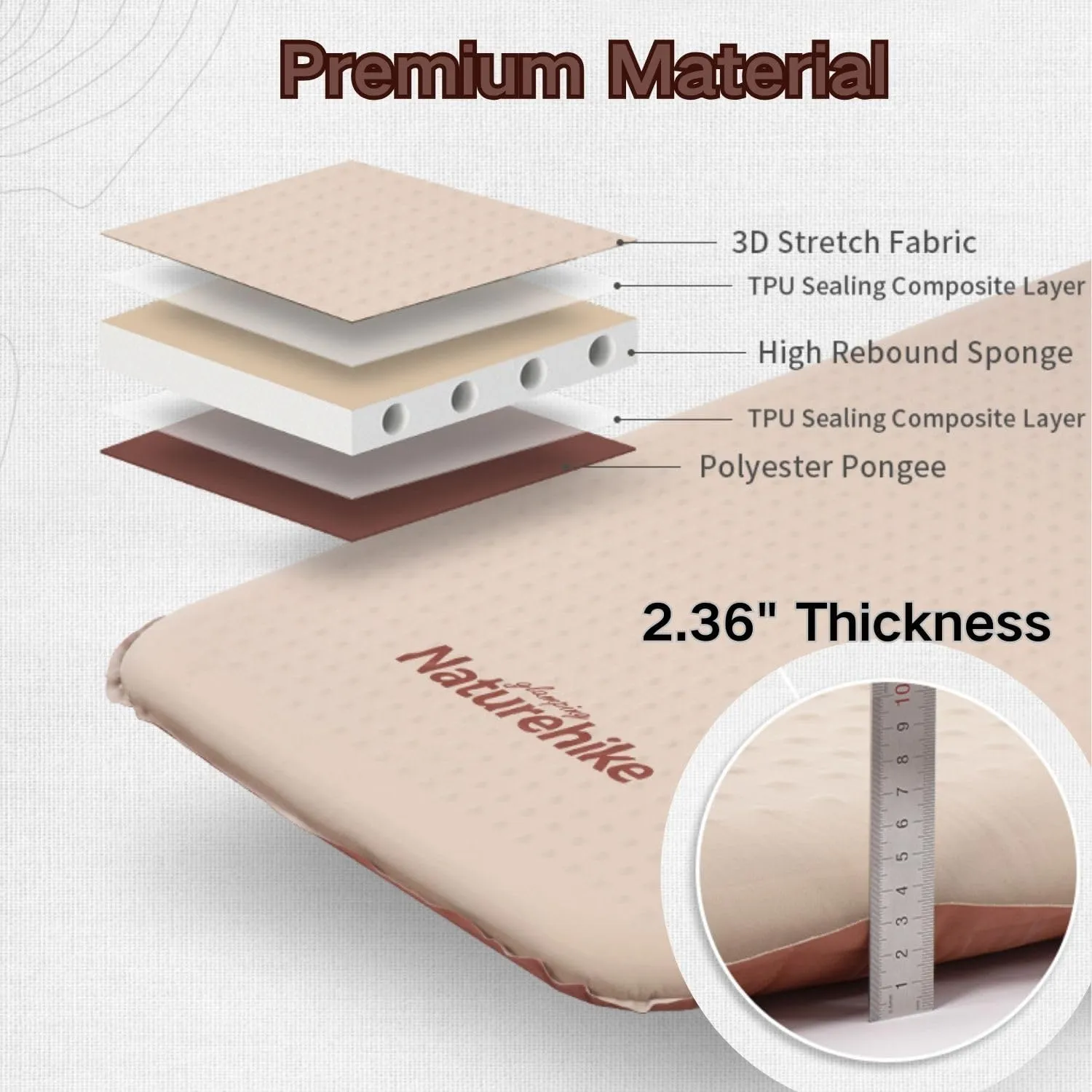 Naturehike 2.36" Thick Self Inflating 1 & 2 Person Sleeping Pad,Quick Insulated & Portable Air Mattress for Backpacking, Hiking, Travel, Tent (Khaki, Single)