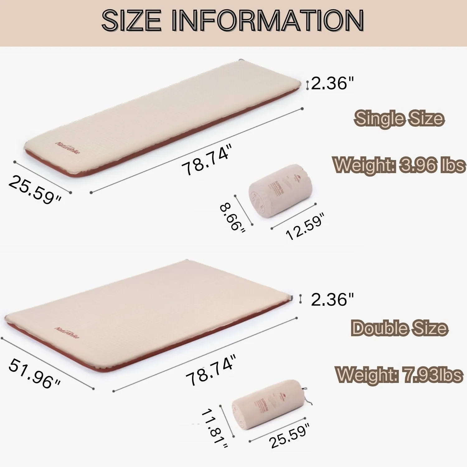 Naturehike 2.36" Thick Self Inflating 1 & 2 Person Sleeping Pad,Quick Insulated & Portable Air Mattress for Backpacking, Hiking, Travel, Tent (Khaki, Single)