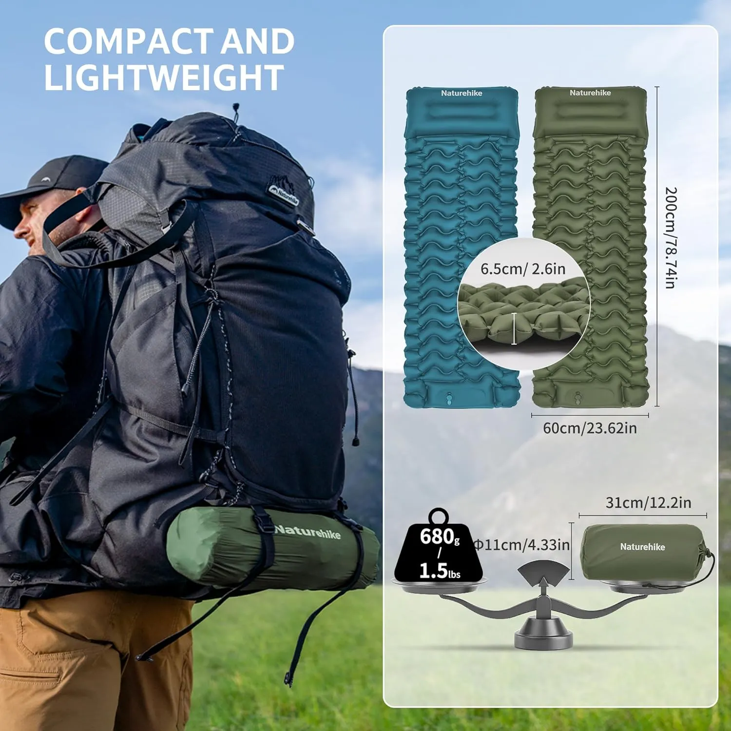 Naturehike Camping Sleeping Pad, Ultralight Camping Mat with Pillow Built-in Foot Pump