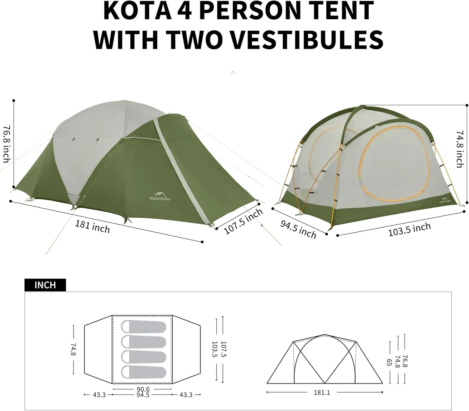 Naturehike KOTA 4/6/8 Person Camping Tent, Double Layer Waterproof 4 Person 6 Person 8 Person Tents for Camping, Large and Tall Family Tent with Vestibules Porch