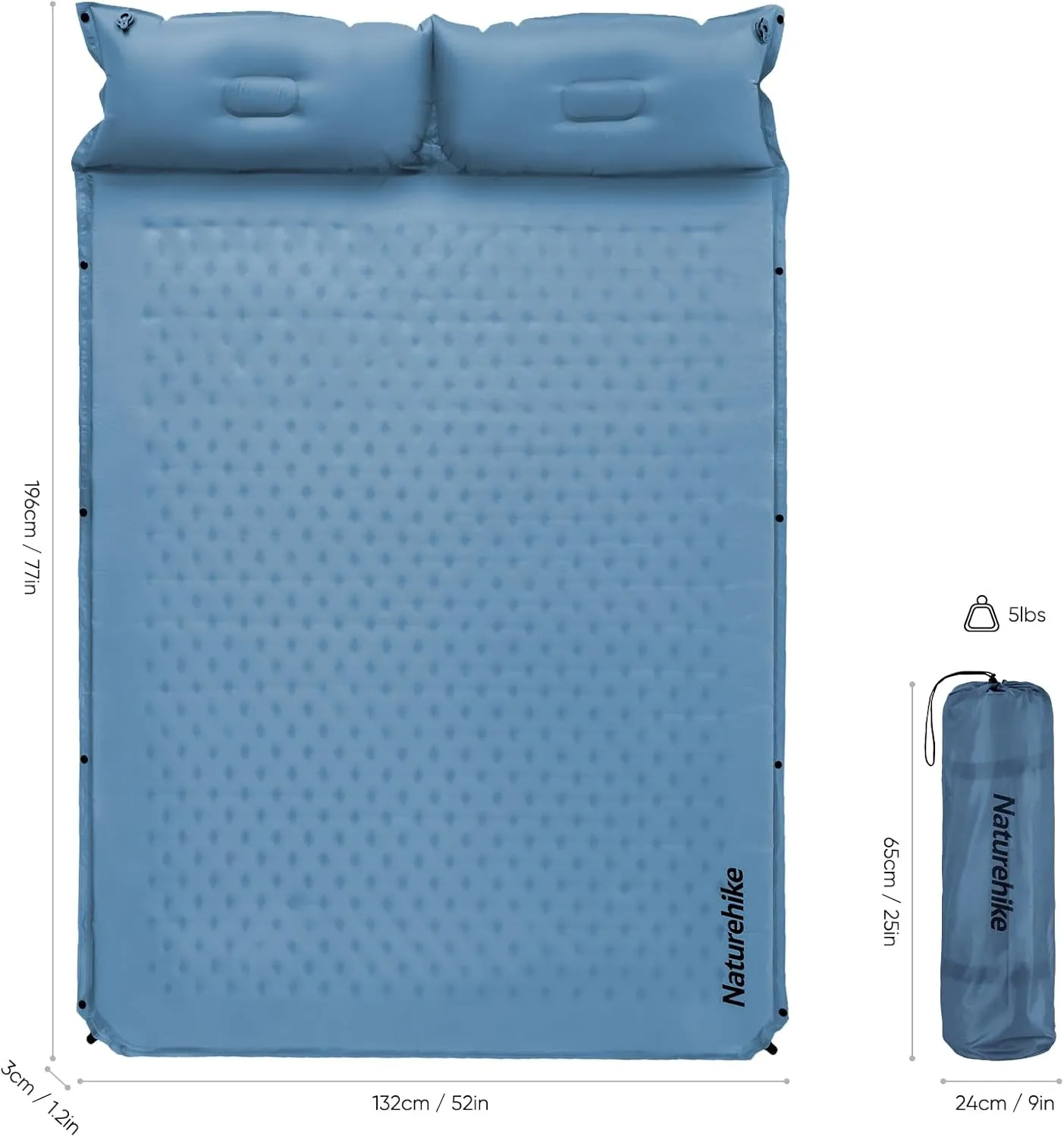 Naturehike Self-Inflating Double Sleeping Pad, Ultralight Memory Foam Pad with Pillow, Fast Inflating, Patchwork Sleeping Pad for Hiking, RV Camping, Full, Blue