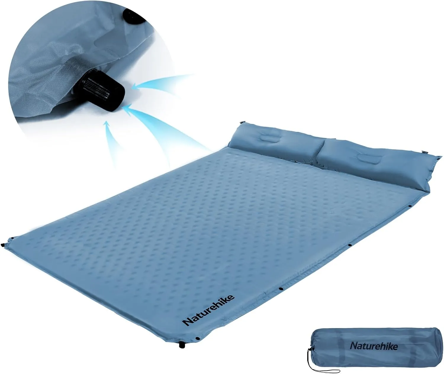 Naturehike Self-Inflating Double Sleeping Pad, Ultralight Memory Foam Pad with Pillow, Fast Inflating, Patchwork Sleeping Pad for Hiking, RV Camping, Full, Blue