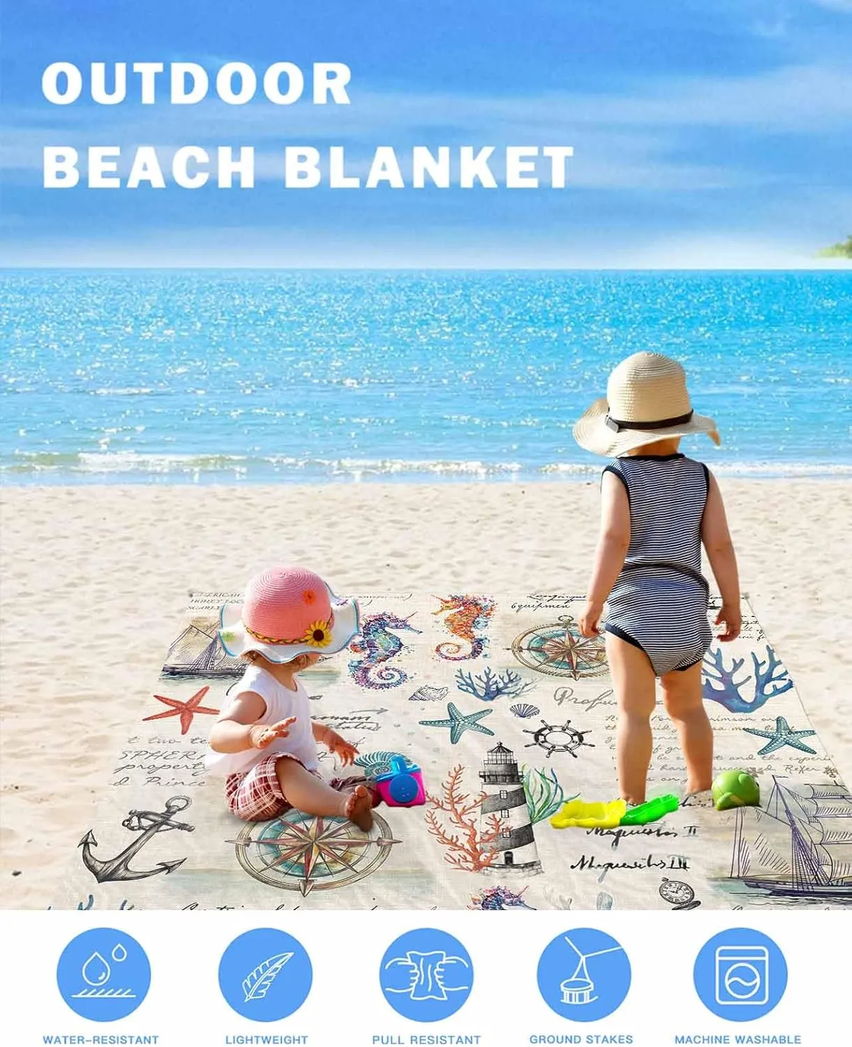 Nautical Anchor Beach Blanket Large with Stakes Waterproof Sandproof Beach Mat with Corner Pockets for Outdoor Travel Camping Hiking Picnic Essentials,Coastal Beach Seahorse Sailboat Off White 83"x79"