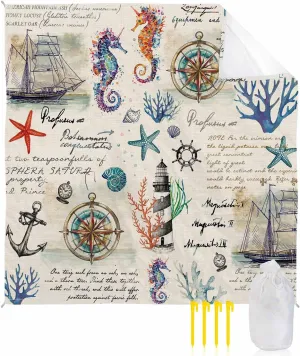 Nautical Anchor Beach Blanket Large with Stakes Waterproof Sandproof Beach Mat with Corner Pockets for Outdoor Travel Camping Hiking Picnic Essentials,Coastal Beach Seahorse Sailboat Off White 83"x79"