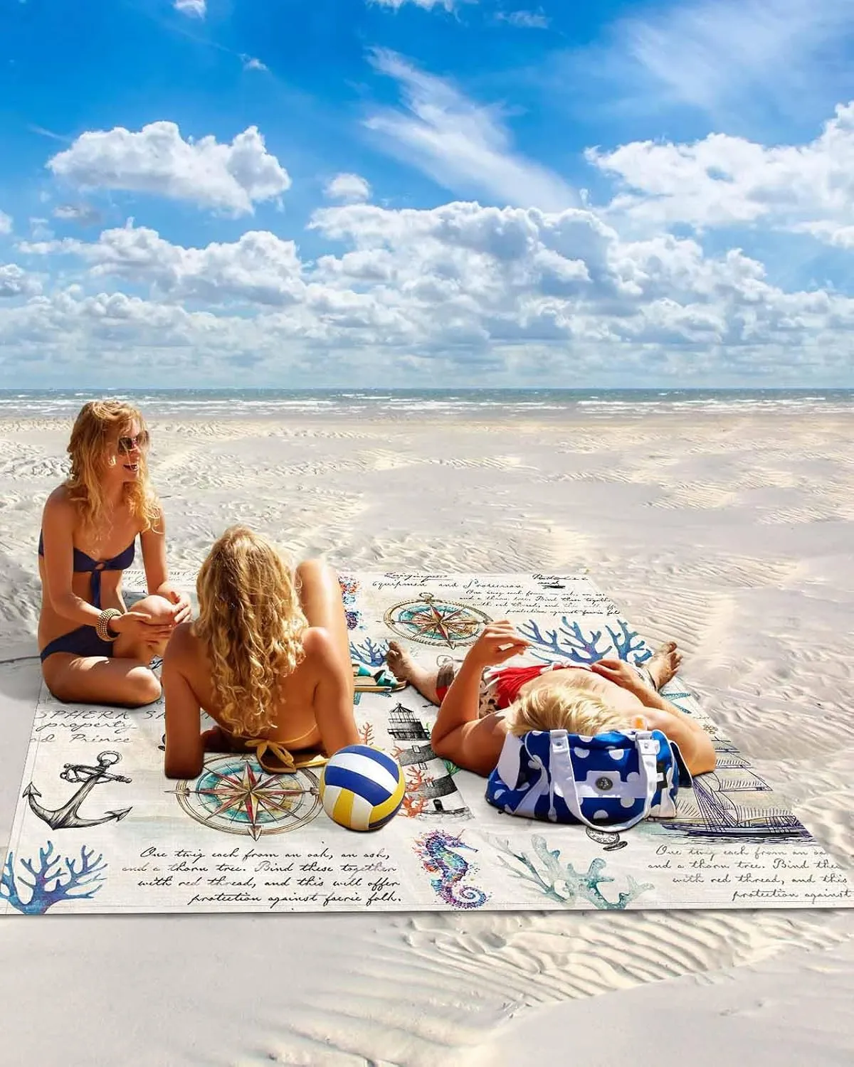 Nautical Anchor Beach Blanket Large with Stakes Waterproof Sandproof Beach Mat with Corner Pockets for Outdoor Travel Camping Hiking Picnic Essentials,Coastal Beach Seahorse Sailboat Off White 83"x79"