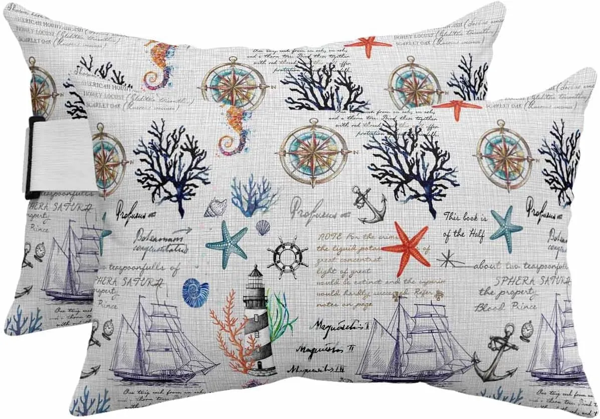 Nautical Compass Outdoor Waterproof Pillows for Recliner Chaise Lounge Chair, Ocean Coral Sailboat Starfish Gray Lumbar Pillows with Inserts & Elastic Band for Patio Beach 2 Pack-11x16 in