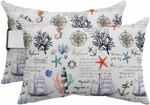 Nautical Compass Outdoor Waterproof Pillows for Recliner Chaise Lounge Chair, Ocean Coral Sailboat Starfish Gray Lumbar Pillows with Inserts & Elastic Band for Patio Beach 2 Pack-11x16 in