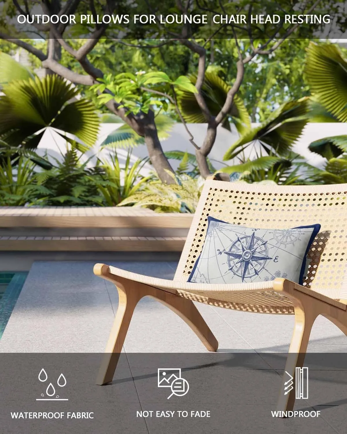 Nautical Compass Outdoor Waterproof Pillows for Recliner Chaise Lounge Chair, Retro Sailing Map Tropical Palm Tree Navy Lumbar Pillows with Inserts & Elastic Band for Patio Beach 1 Pack-12x20 In