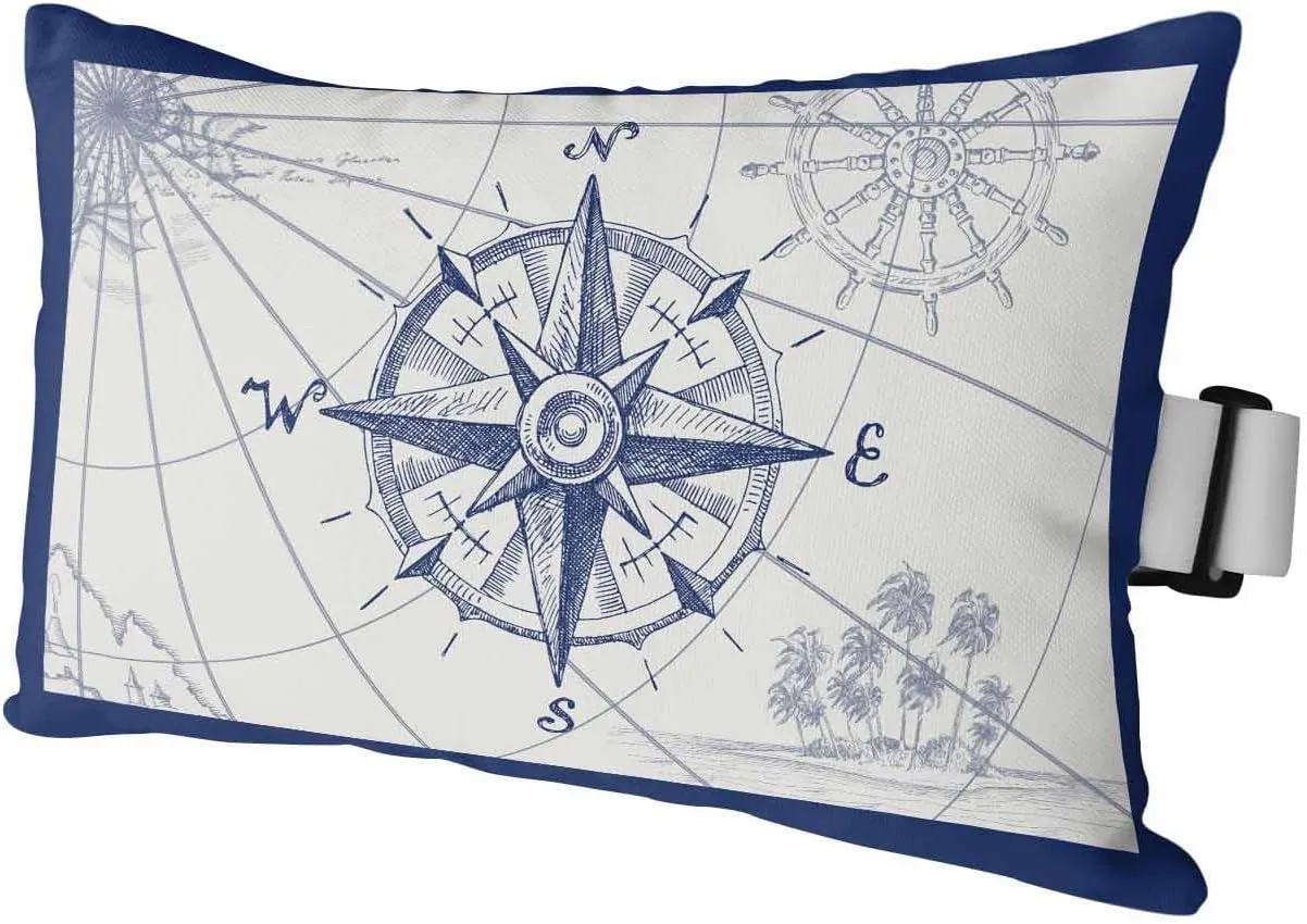 Nautical Compass Outdoor Waterproof Pillows for Recliner Chaise Lounge Chair, Retro Sailing Map Tropical Palm Tree Navy Lumbar Pillows with Inserts & Elastic Band for Patio Beach 1 Pack-12x20 In