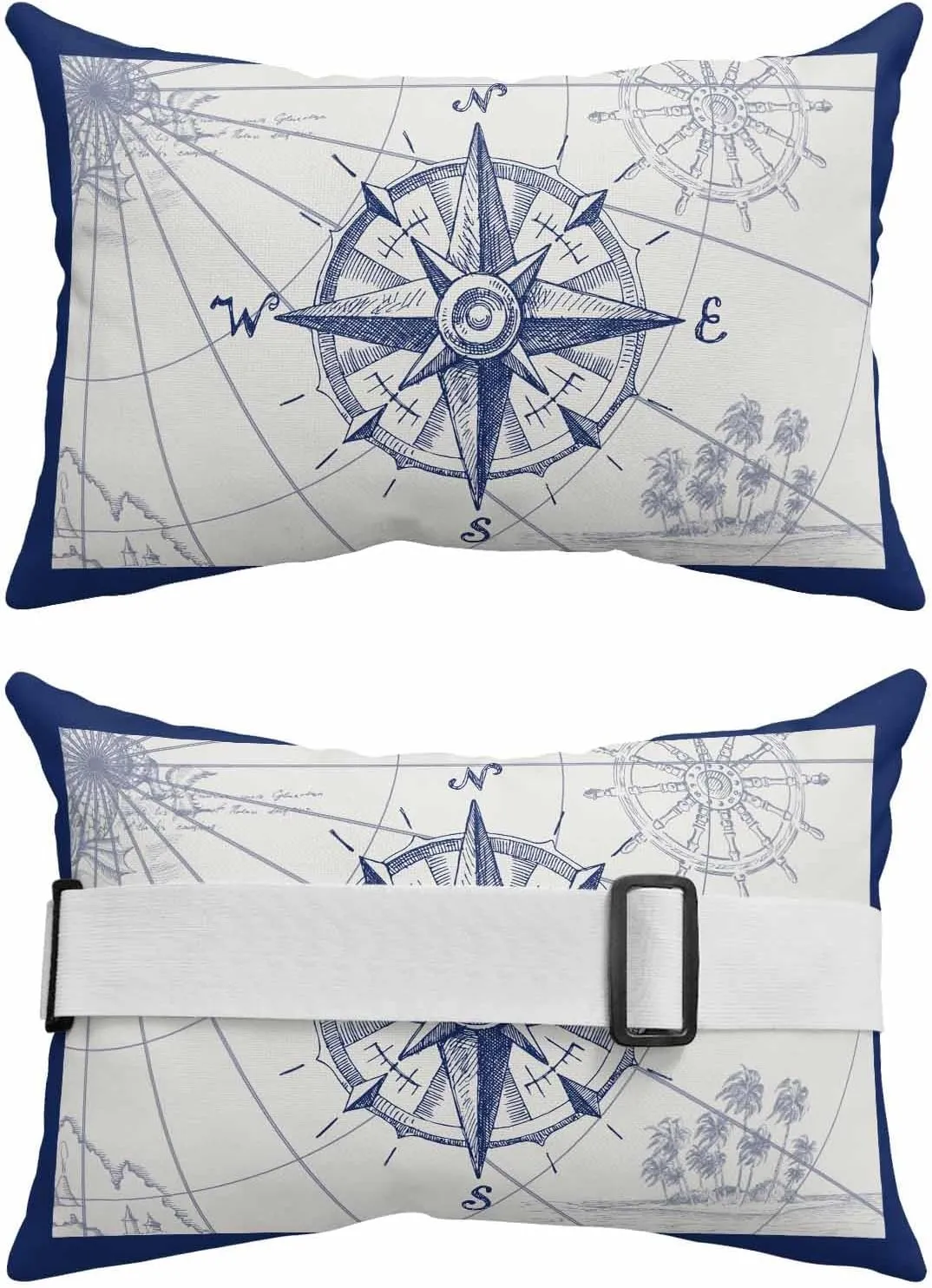Nautical Compass Outdoor Waterproof Pillows for Recliner Chaise Lounge Chair, Retro Sailing Map Tropical Palm Tree Navy Lumbar Pillows with Inserts & Elastic Band for Patio Beach 1 Pack-12x20 In