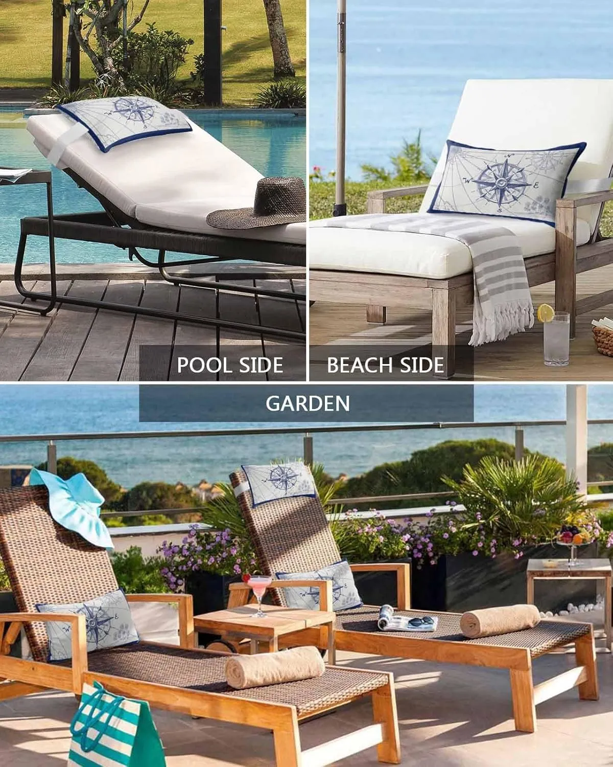 Nautical Compass Outdoor Waterproof Pillows for Recliner Chaise Lounge Chair, Retro Sailing Map Tropical Palm Tree Navy Lumbar Pillows with Inserts & Elastic Band for Patio Beach 1 Pack-12x20 In