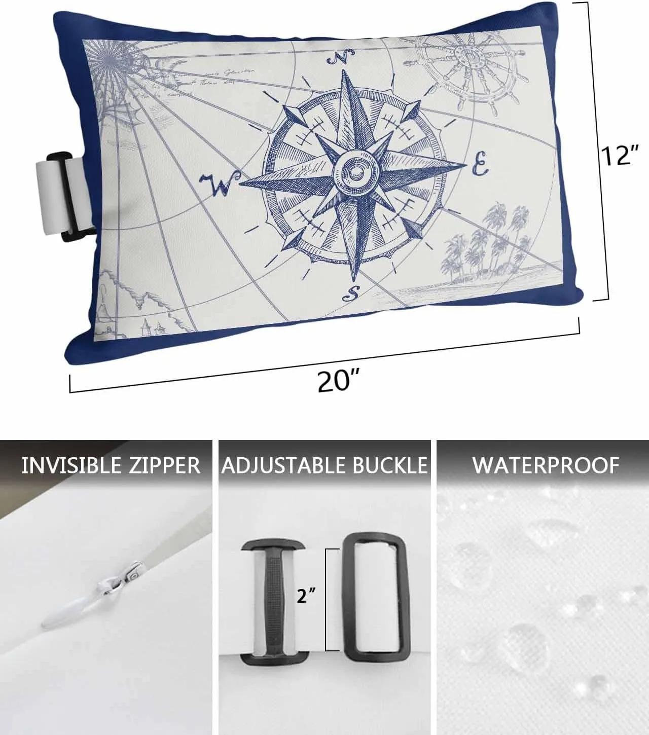 Nautical Compass Outdoor Waterproof Pillows for Recliner Chaise Lounge Chair, Retro Sailing Map Tropical Palm Tree Navy Lumbar Pillows with Inserts & Elastic Band for Patio Beach 1 Pack-12x20 In