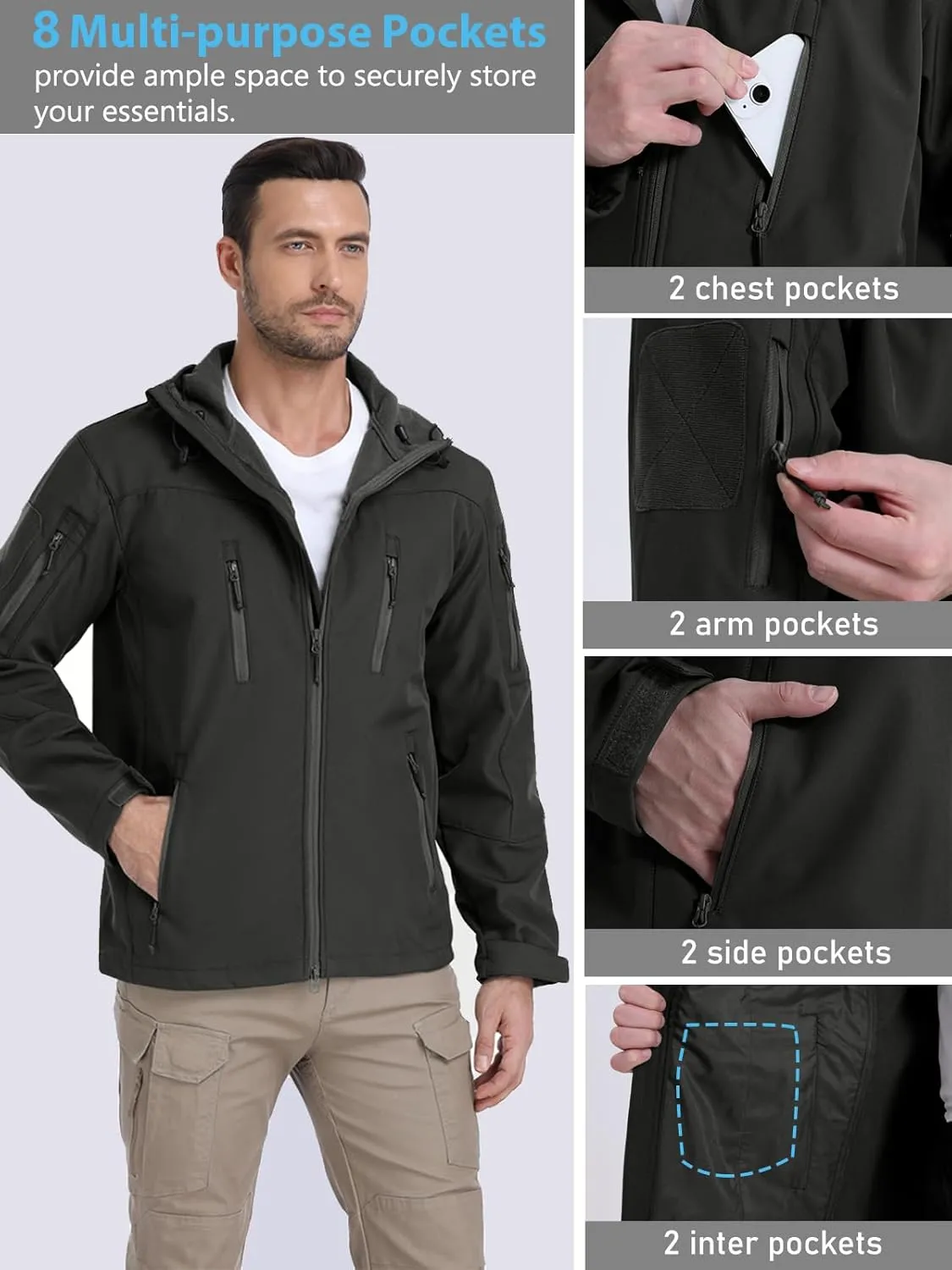 NAVEKULL Men's Tactical Jacket Waterproof Softshell Fleece Lined Hooded Coats Outdoor Hiking Windbreaker