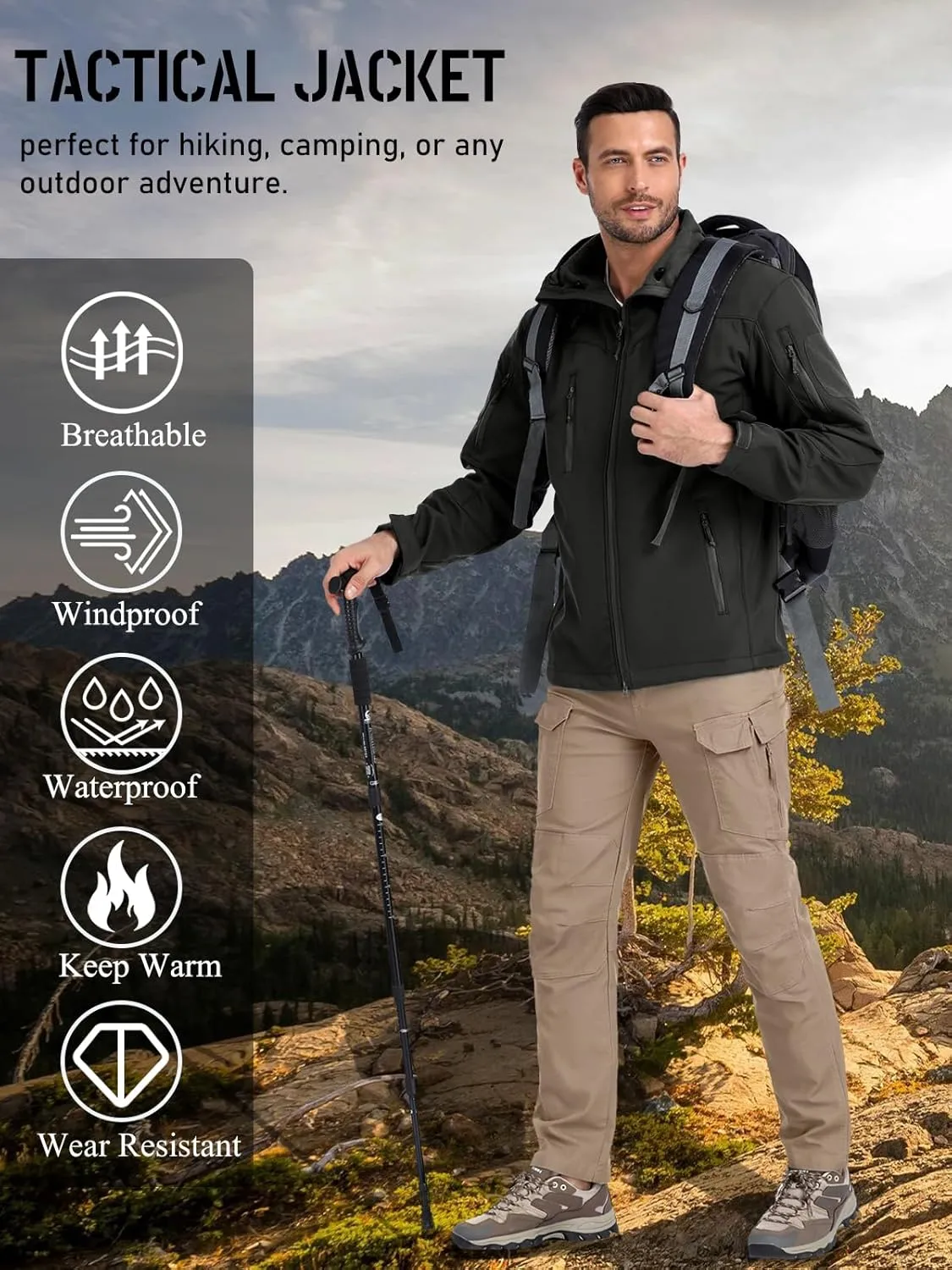NAVEKULL Men's Tactical Jacket Waterproof Softshell Fleece Lined Hooded Coats Outdoor Hiking Windbreaker
