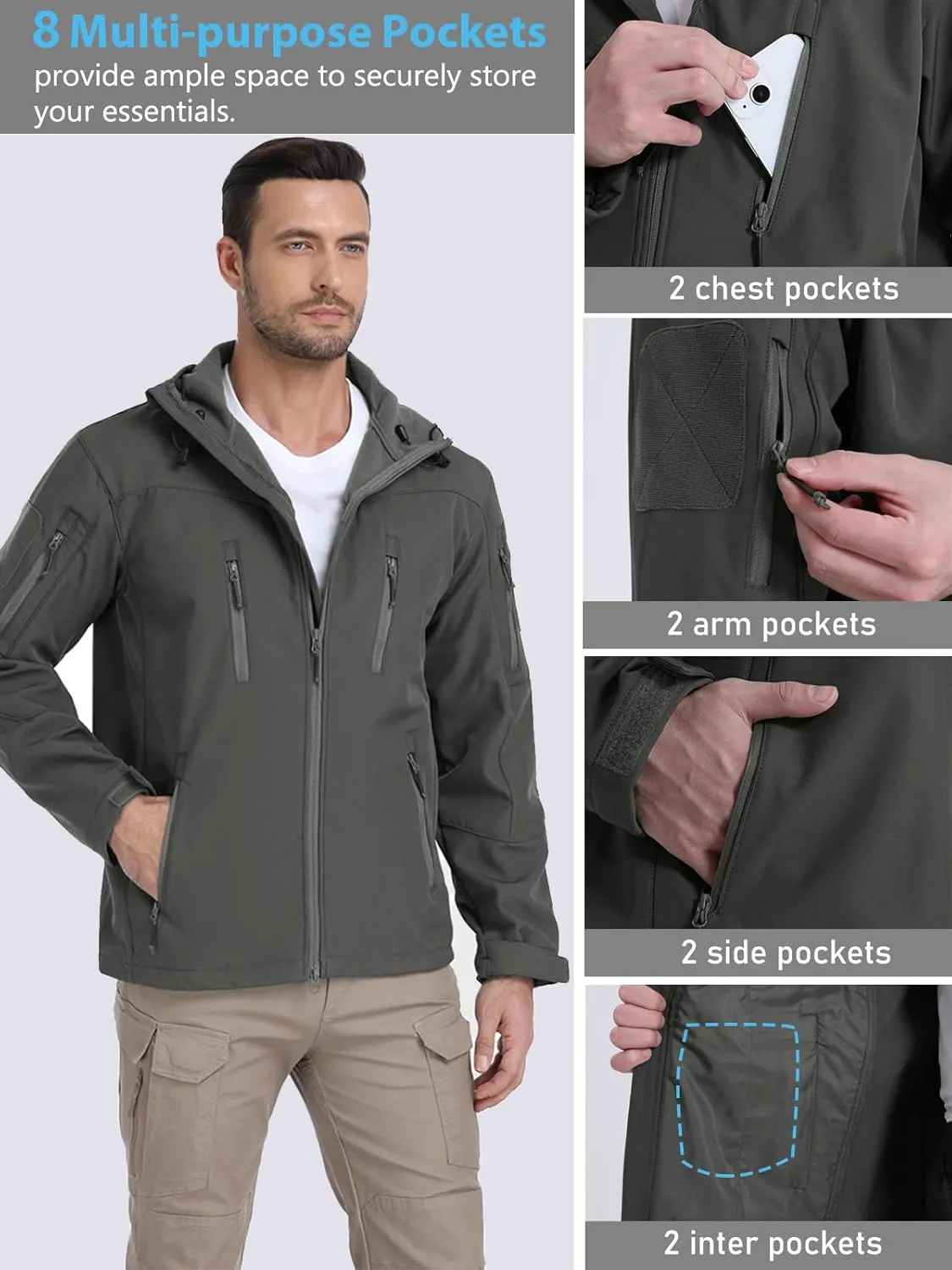 NAVEKULL Men's Tactical Jacket Waterproof Softshell Fleece Lined Hooded Coats Outdoor Hiking Windbreaker