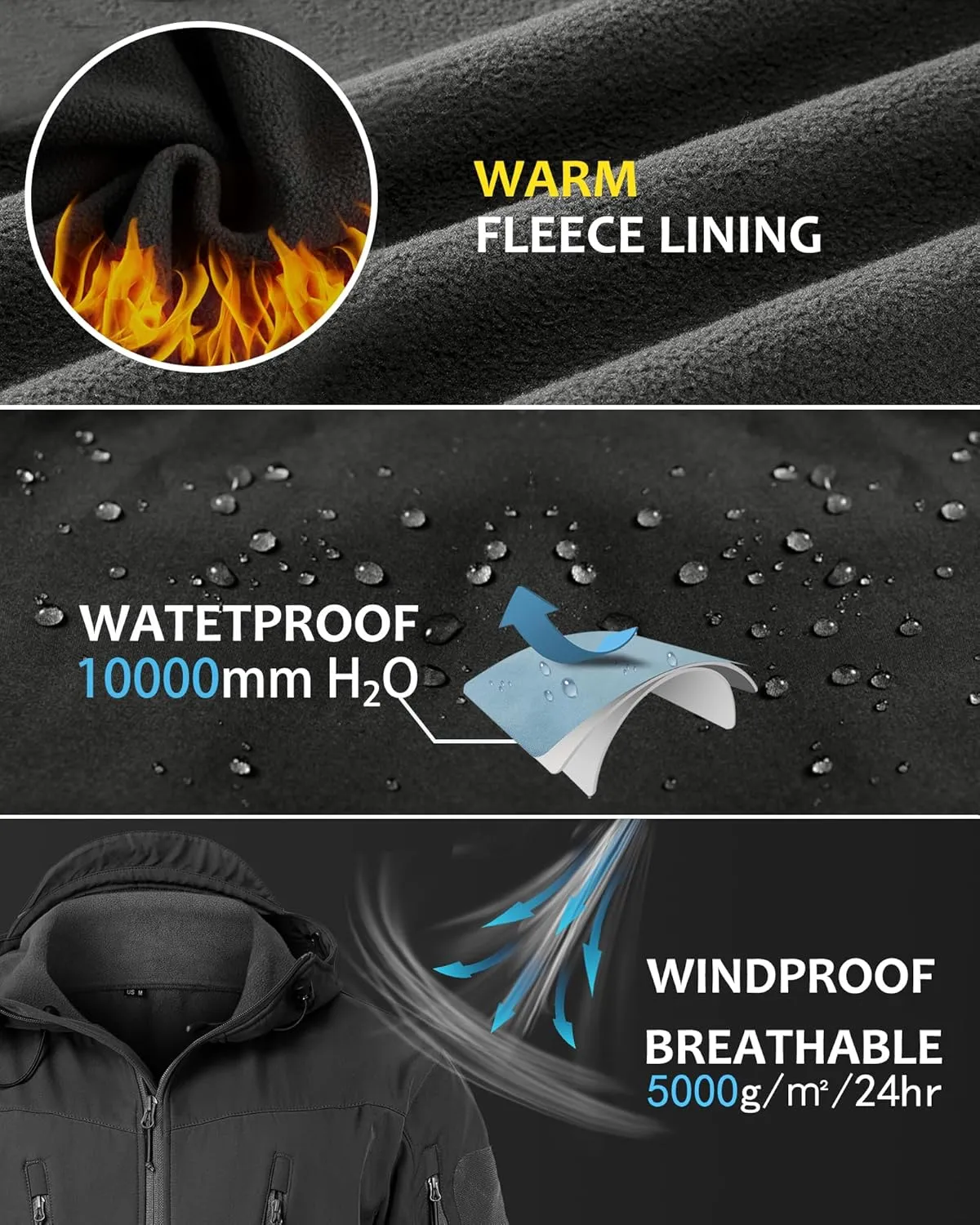 NAVEKULL Men's Tactical Jacket Waterproof Softshell Fleece Lined Hooded Coats Outdoor Hiking Windbreaker