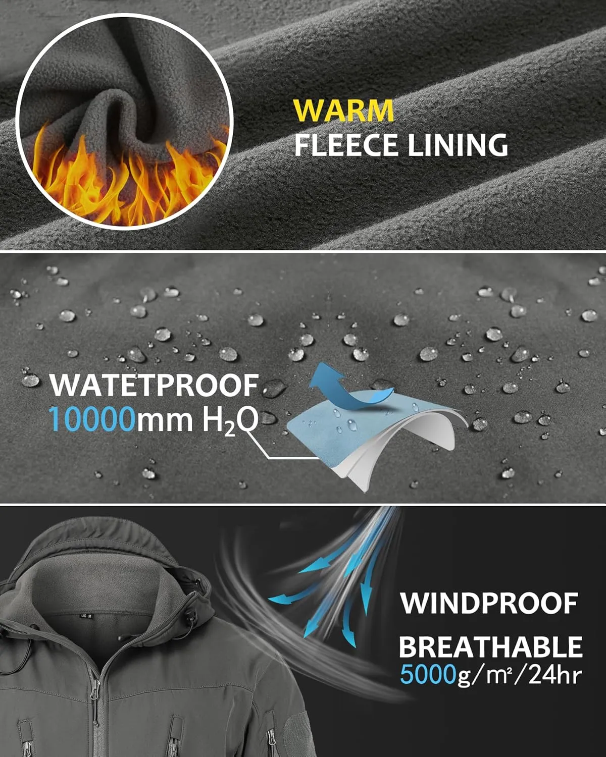 NAVEKULL Men's Tactical Jacket Waterproof Softshell Fleece Lined Hooded Coats Outdoor Hiking Windbreaker
