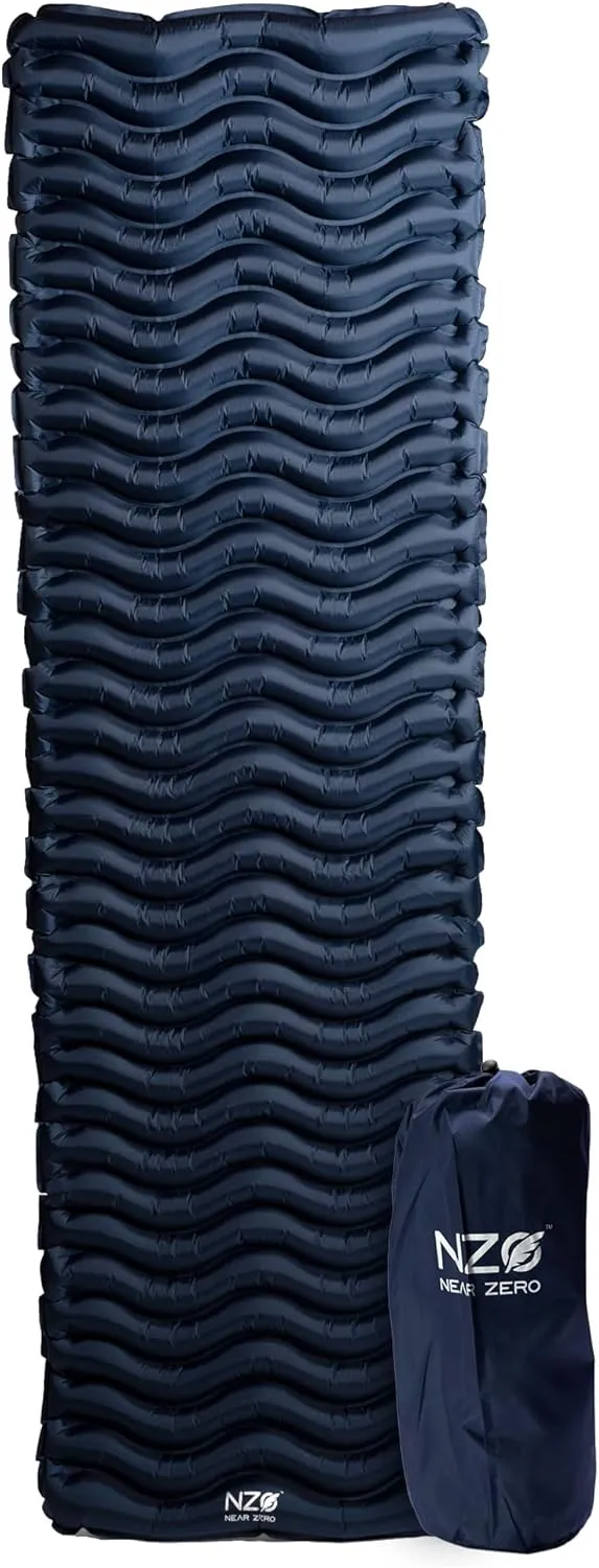 NEAR ZERO Ultralight Inflatable Sleeping Pad – Compact 14.5 oz Air Pad 2" Thick, Quick Inflate with 11 Breaths, Durable Rip-Resistant Nylon – Ideal for Backpacking & Warm Weather, Blue