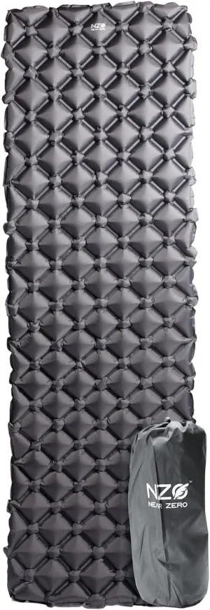 NEAR ZERO Ultralight Inflatable Sleeping Pad – Compact 14.5 oz Air Pad, Quick Inflate with 11 Breaths, Durable Rip-Resistant Nylon – Ideal for Backpacking & Warm Weather, Gray