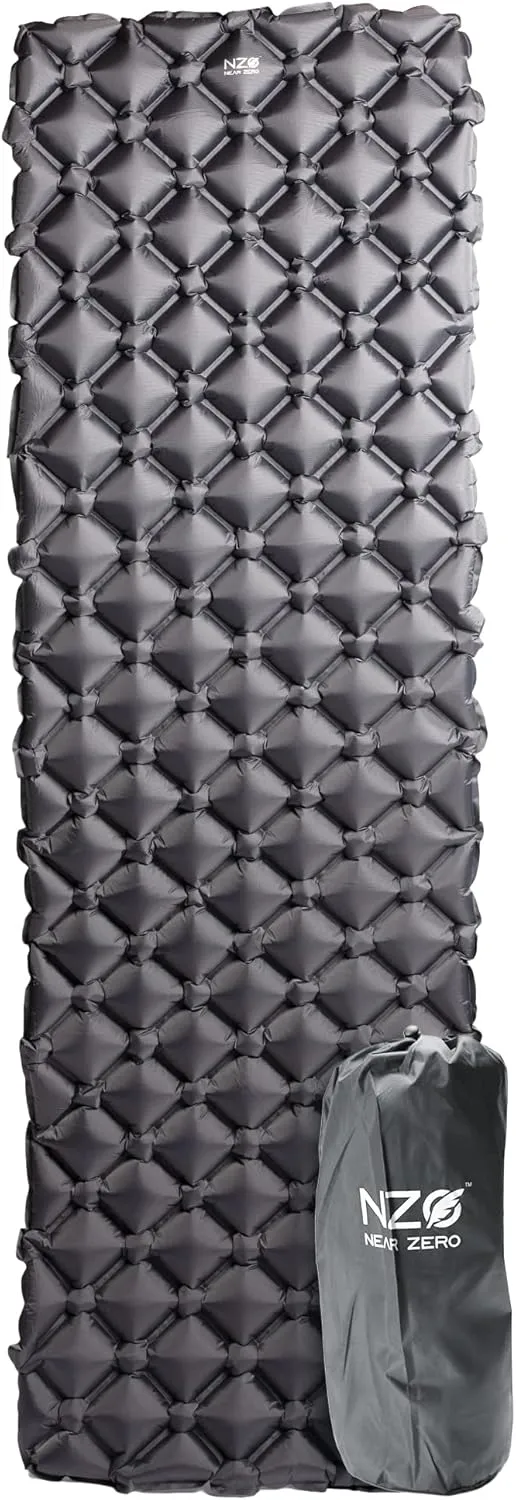 NEAR ZERO Ultralight Inflatable Sleeping Pad – Compact 14.5 oz Air Pad, Quick Inflate with 11 Breaths, Durable Rip-Resistant Nylon – Ideal for Backpacking & Warm Weather, Gray