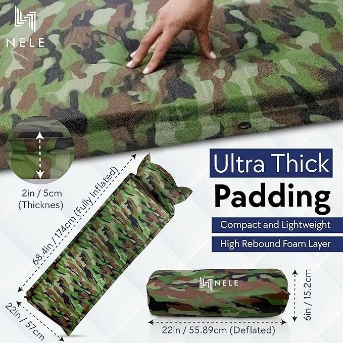 NELE Self Inflating Sleeping Pad 2inch Lifestyle Pad (Camouflage Green)