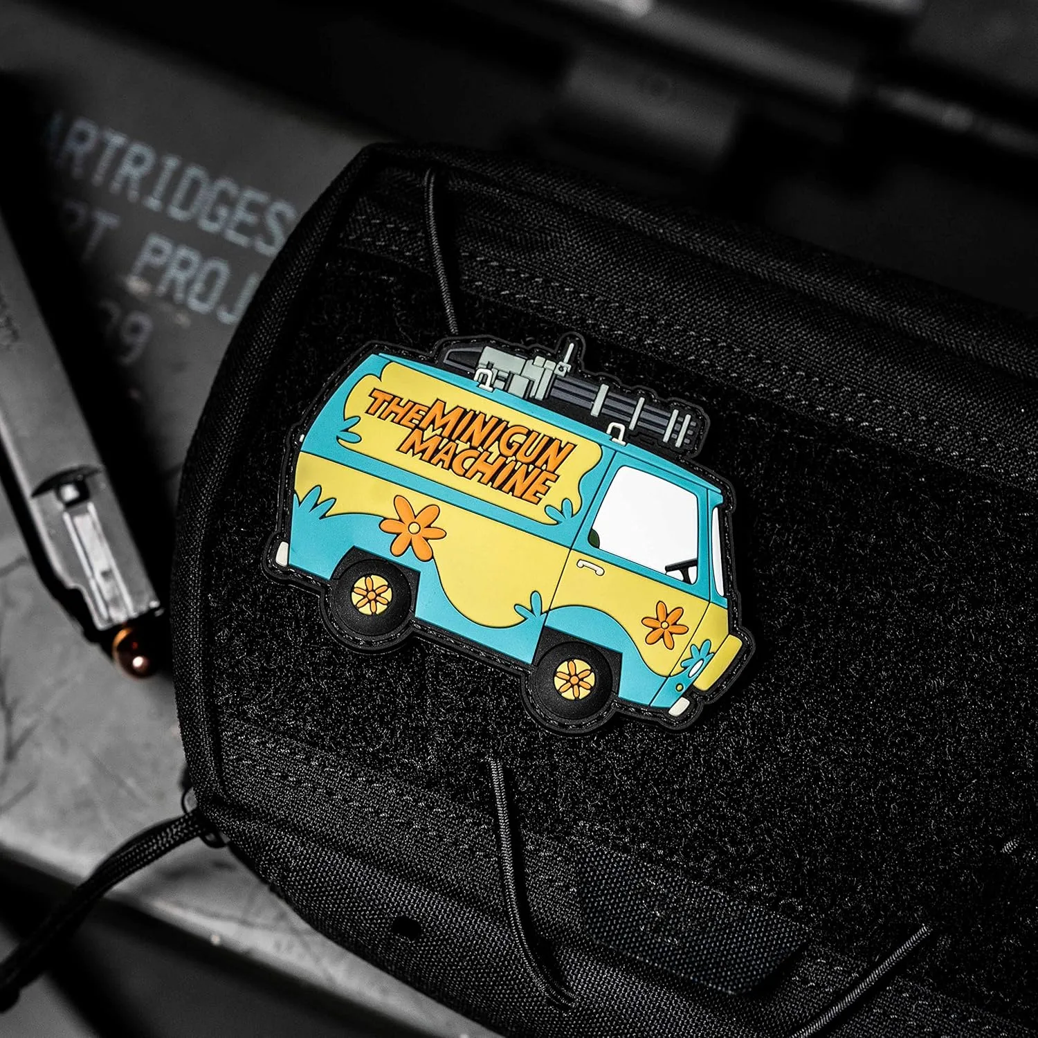 NEO Tactical Gear Minigun Machine Mystery Machine Parody PVC Rubber Morale Patch – Hook Backed with Loop Attachment Piece That Can Be Sewn On